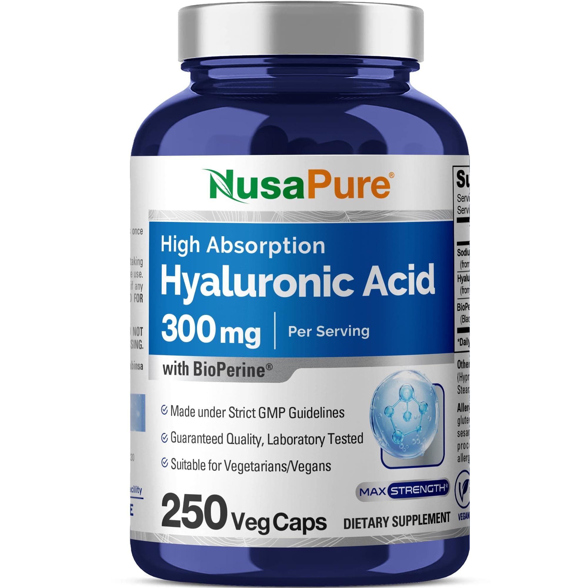 NusaPure Hyaluronic Acid 300mg 250 Veggie Capsules (Non-GMO, Vegan)