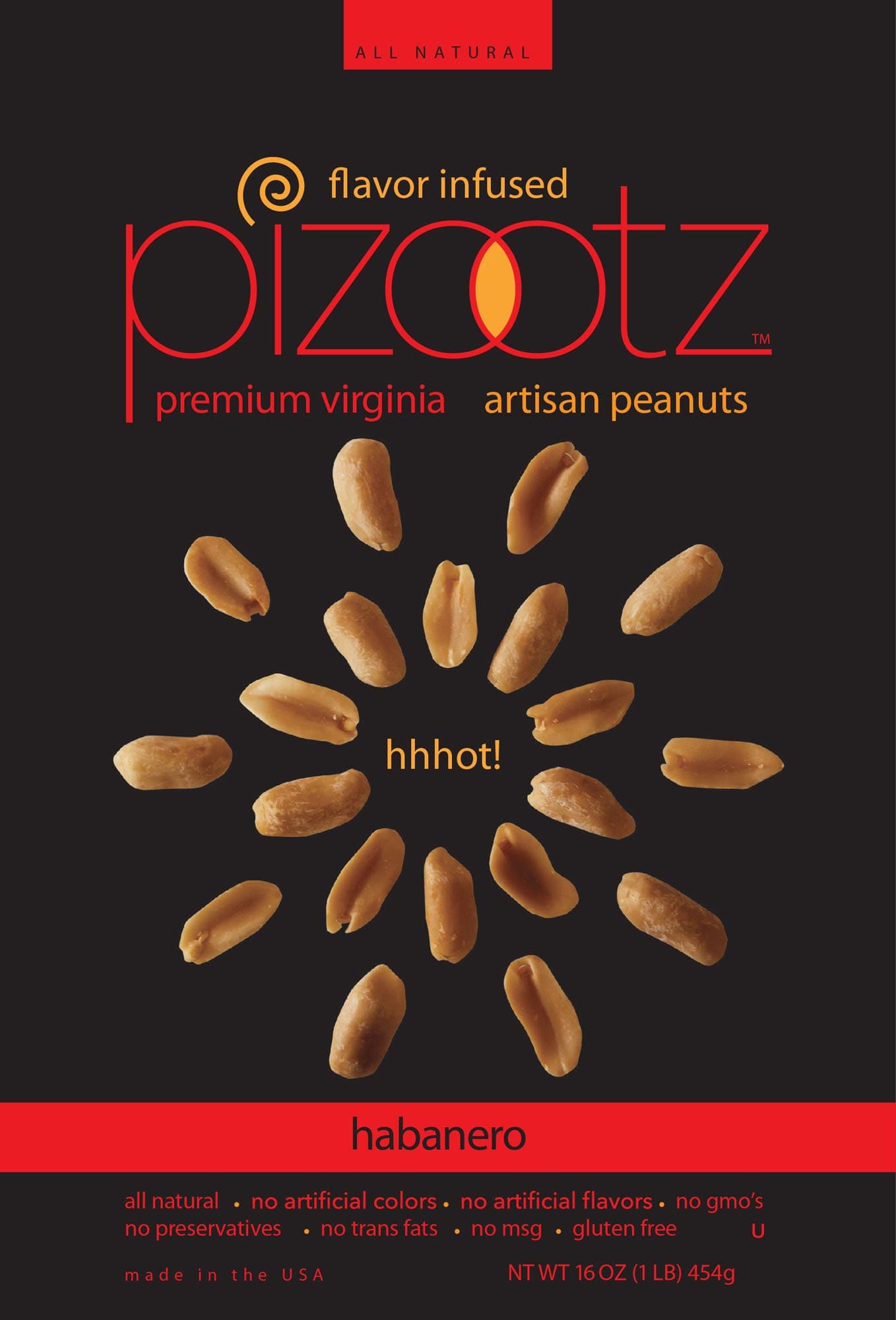 PIZOOTZ Habanero Flavor Infused Peanuts, Premium Virginia Gourmet, 16 Ounce