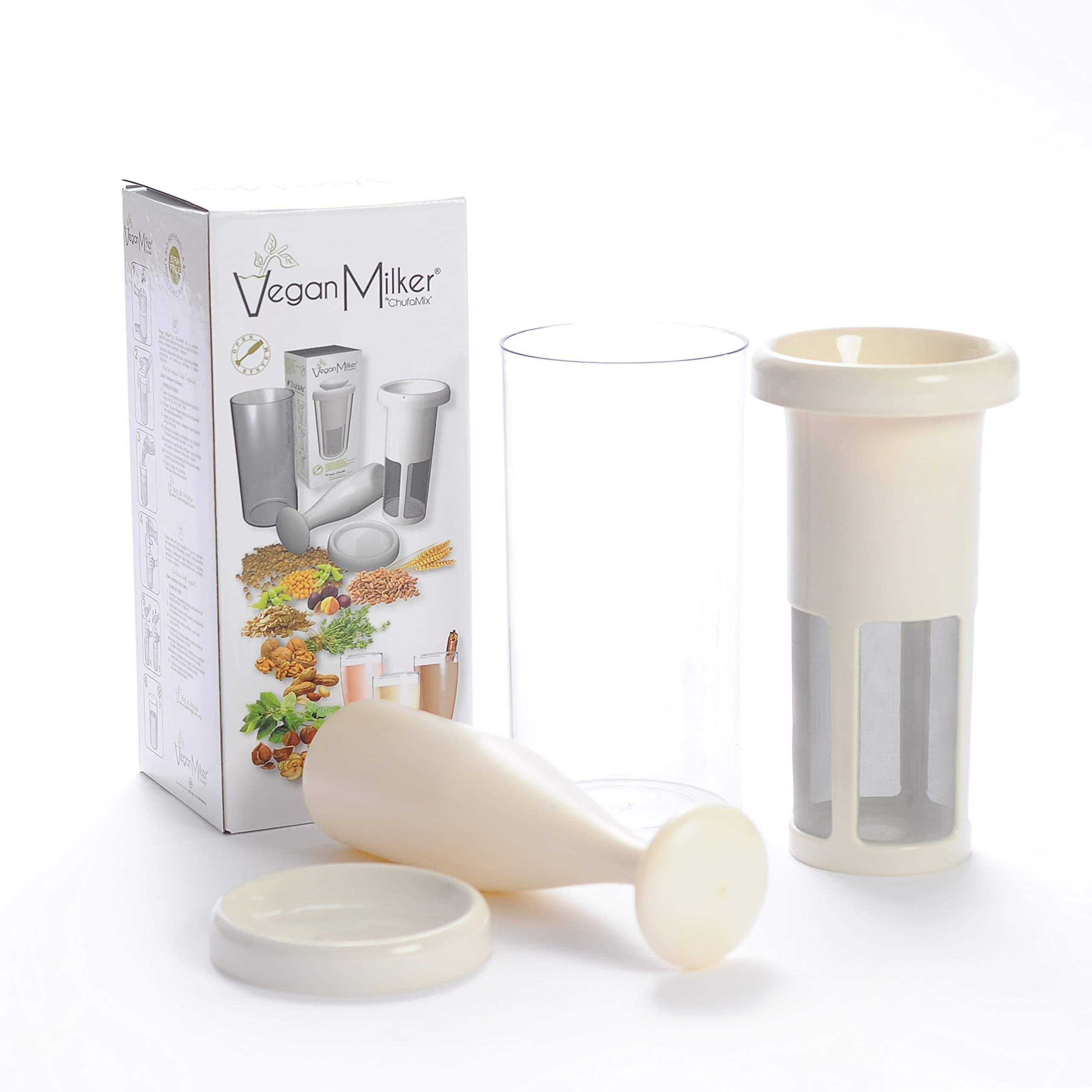 Vegan Milker by Chufamix, kitchen tool to make Plant Milks (soy, rice, oats & nut milk maker) or Coffee (from whole beans). Made in Europe. Recipe E-Book