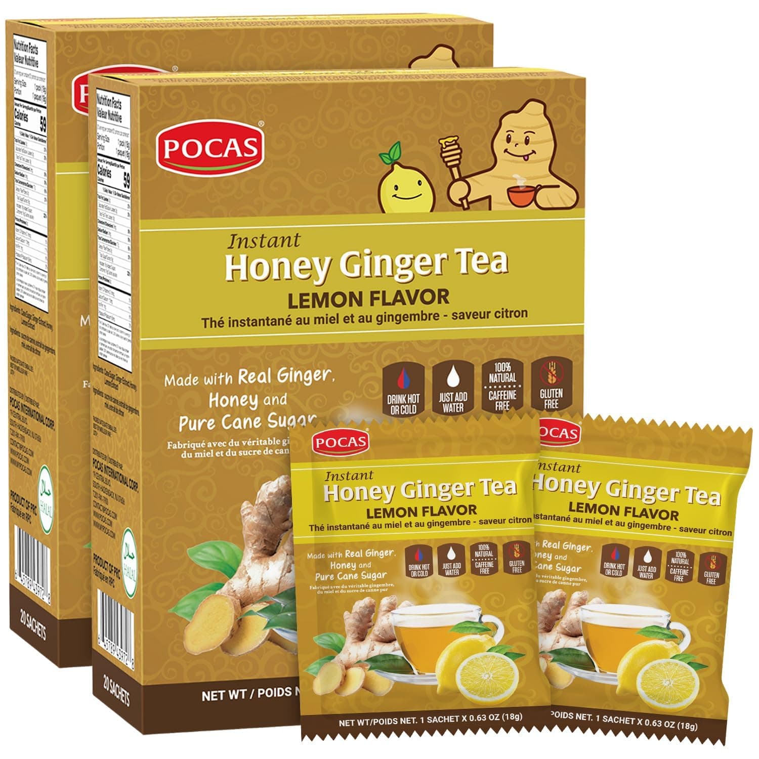Honey Ginger Tea - Instant Tea Powder Packets with Lemon & Ginger Honey Crystals, 20 Count (Pack of 2)