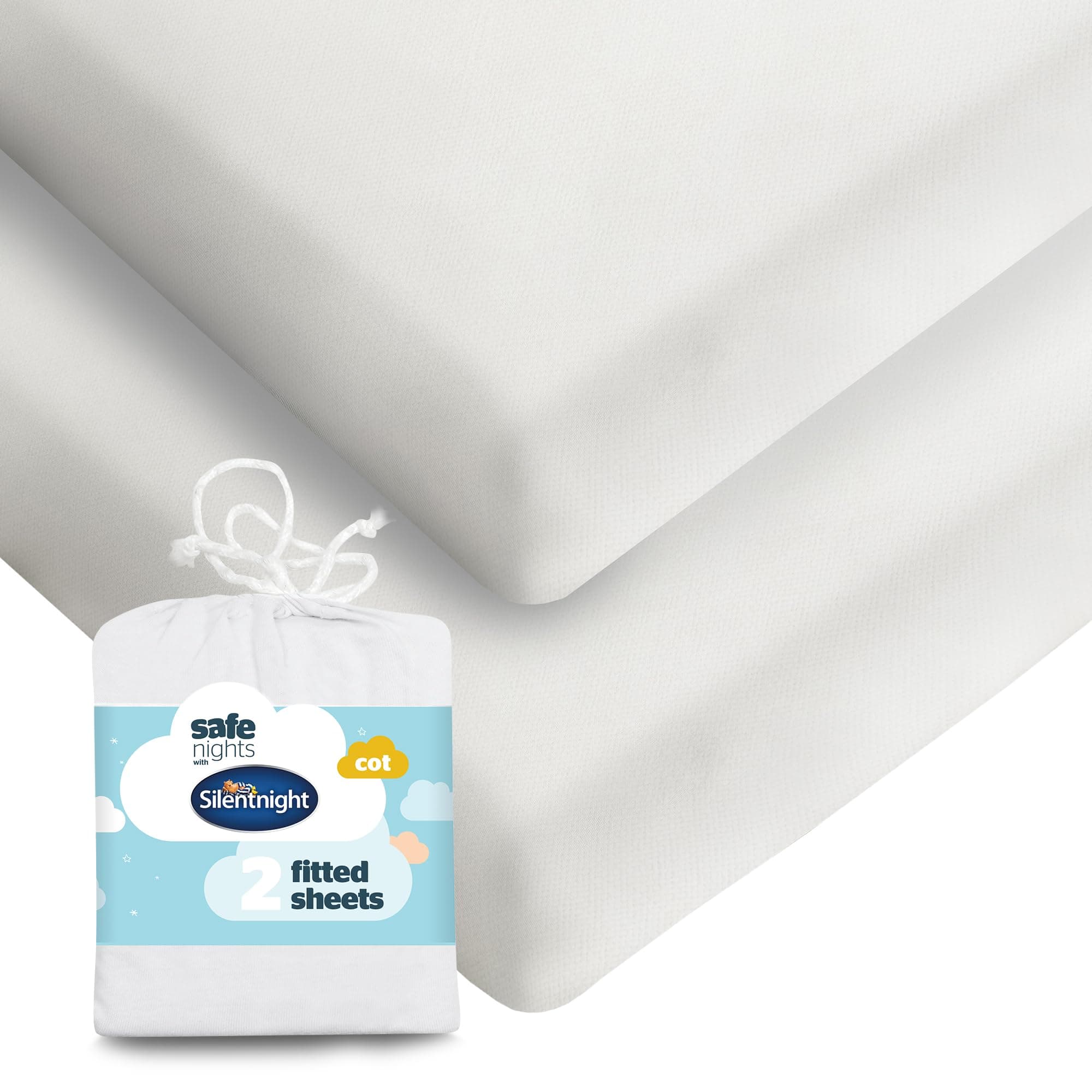 Silentnight Safe Nights Fitted Sheet - Cot Mattress - Breathable 100% Cotton Jersey - Super Soft Kind to Baby Skin - 120x60cm - Secure Fit with Elasticated Corners - 2 Pack, White