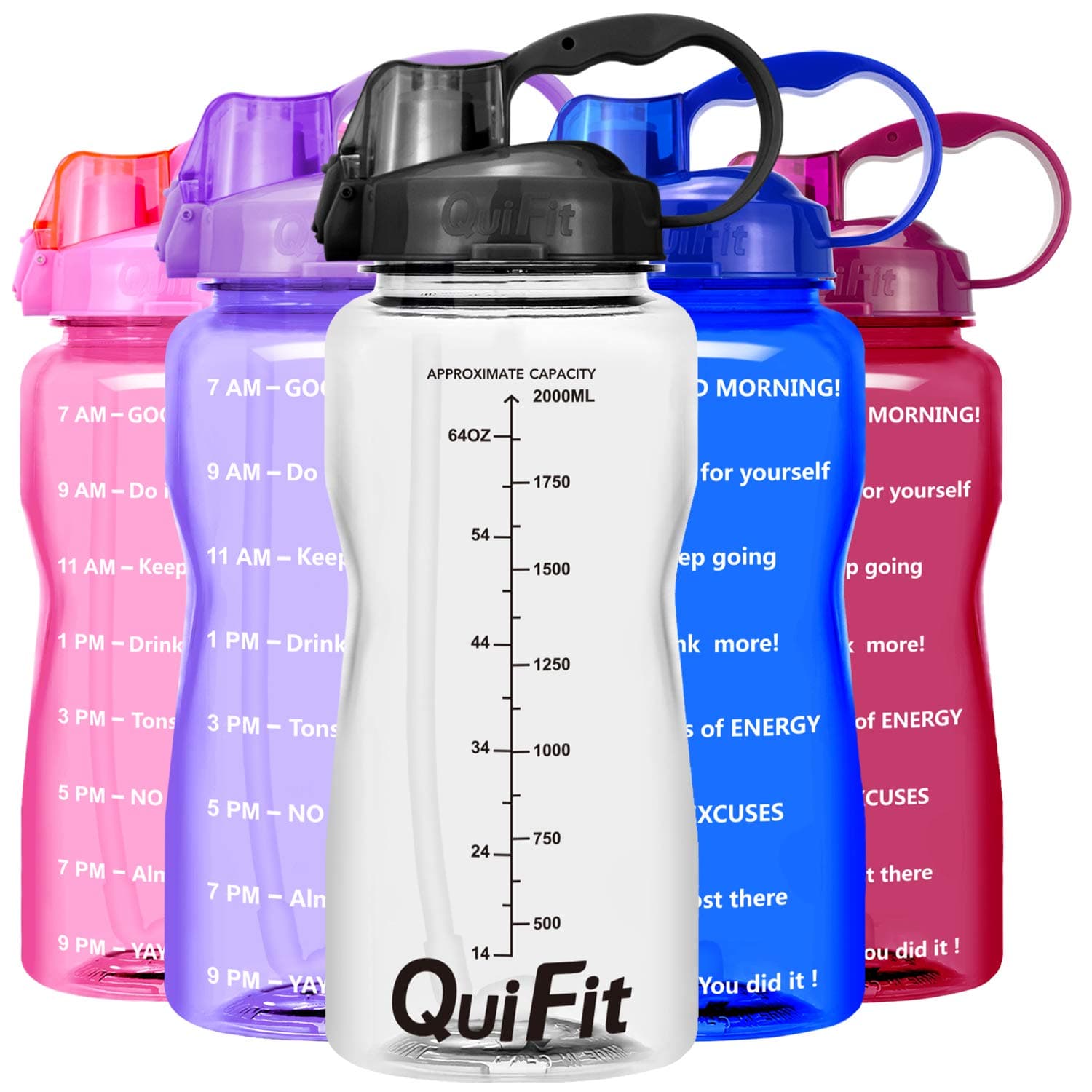 QuiFit 2L Water Bottle with Straw - Portable Daily Water Jug w/Motivational Time Marker Ideal For Gym Sport Outdoor Workout BPA Free