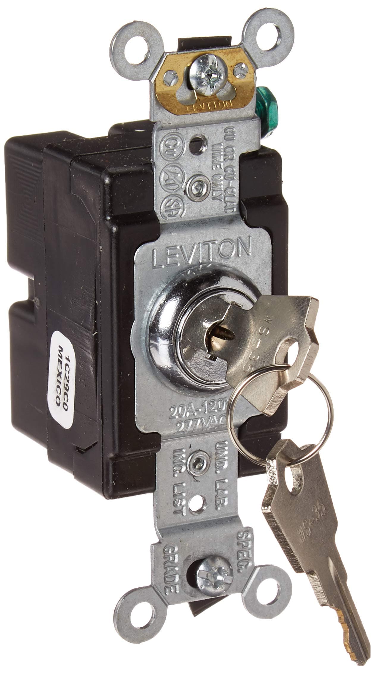 Leviton1221-2KL 20 Amp, 120/277 Volt, Key Locking, Single-Pole, AC Quiet Switch, Extra Heavy Duty Spec Grade, Self Grounding, Chrome