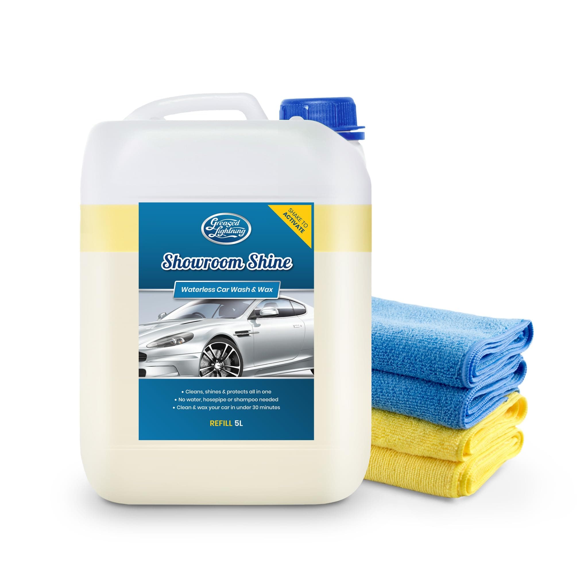 Greased Lightning Showroom Shine Waterless Car Wash and Wax, Super Easy and Fast, No Water, Premium Shine, Protects and Cleans, For Cars, Caravans, Motorbikes - 5 Litre Refill Plus 4 Microfibre Cloths