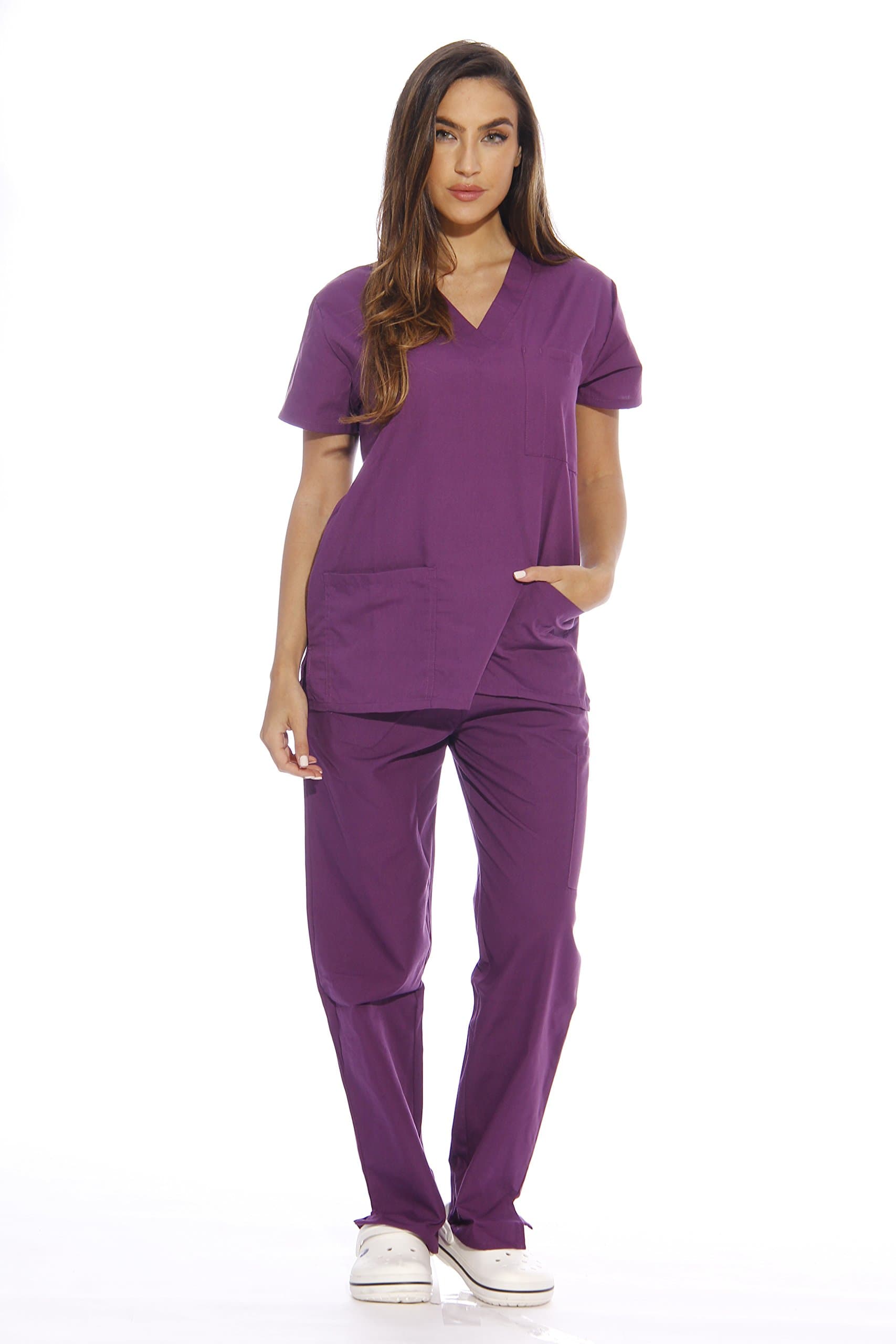 Just Love Women's Scrub Sets Six Pocket Medical Scrubs (V-Neck with Cargo Pant), Eggplant, M