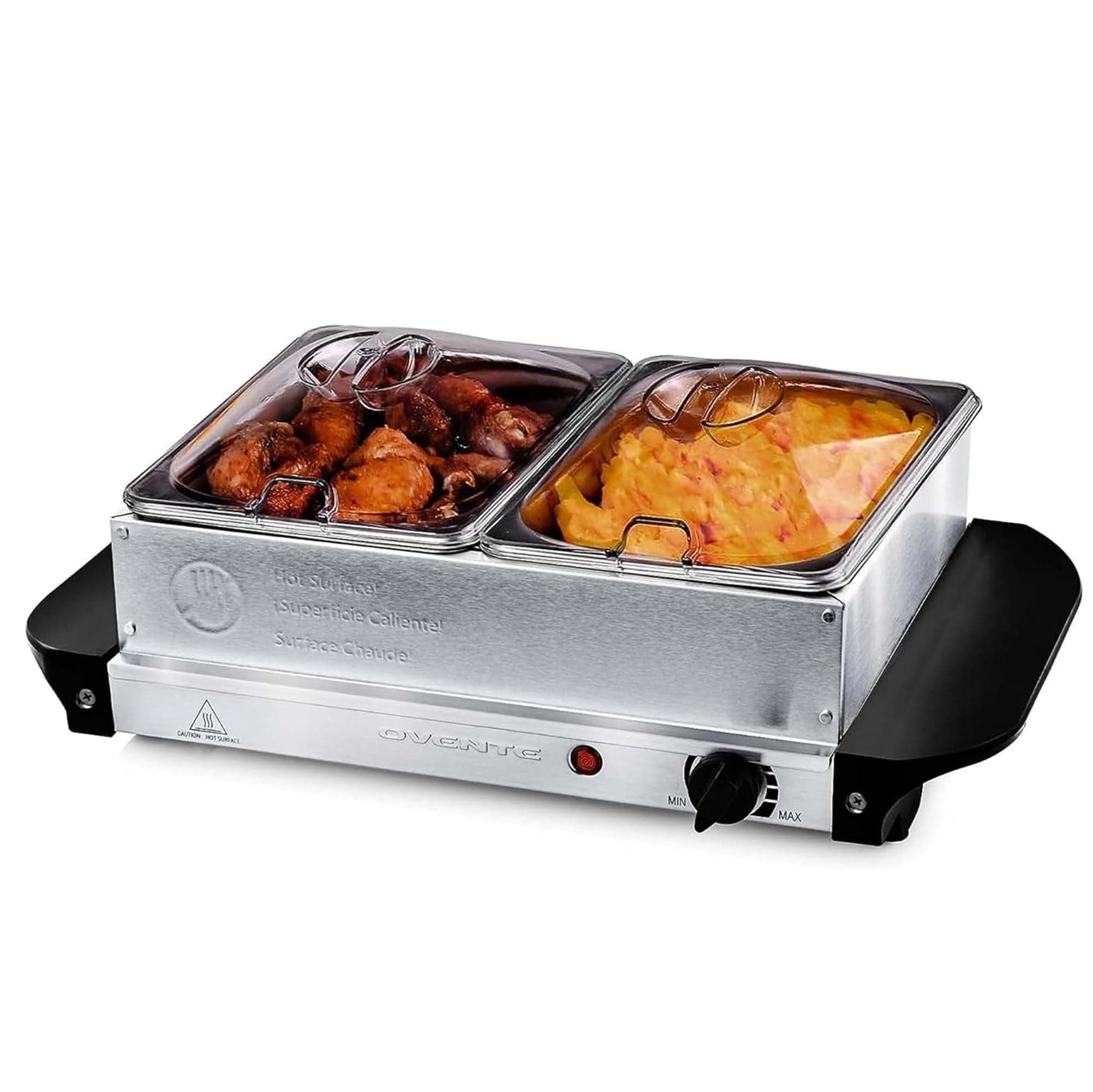 Ovente FW152S Electric Buffet Server Tray, Two Stainless Steel 1L Warming Pan, 150W, Silver (16.1 x 10.8 x 5.8 in Cooking Surface)