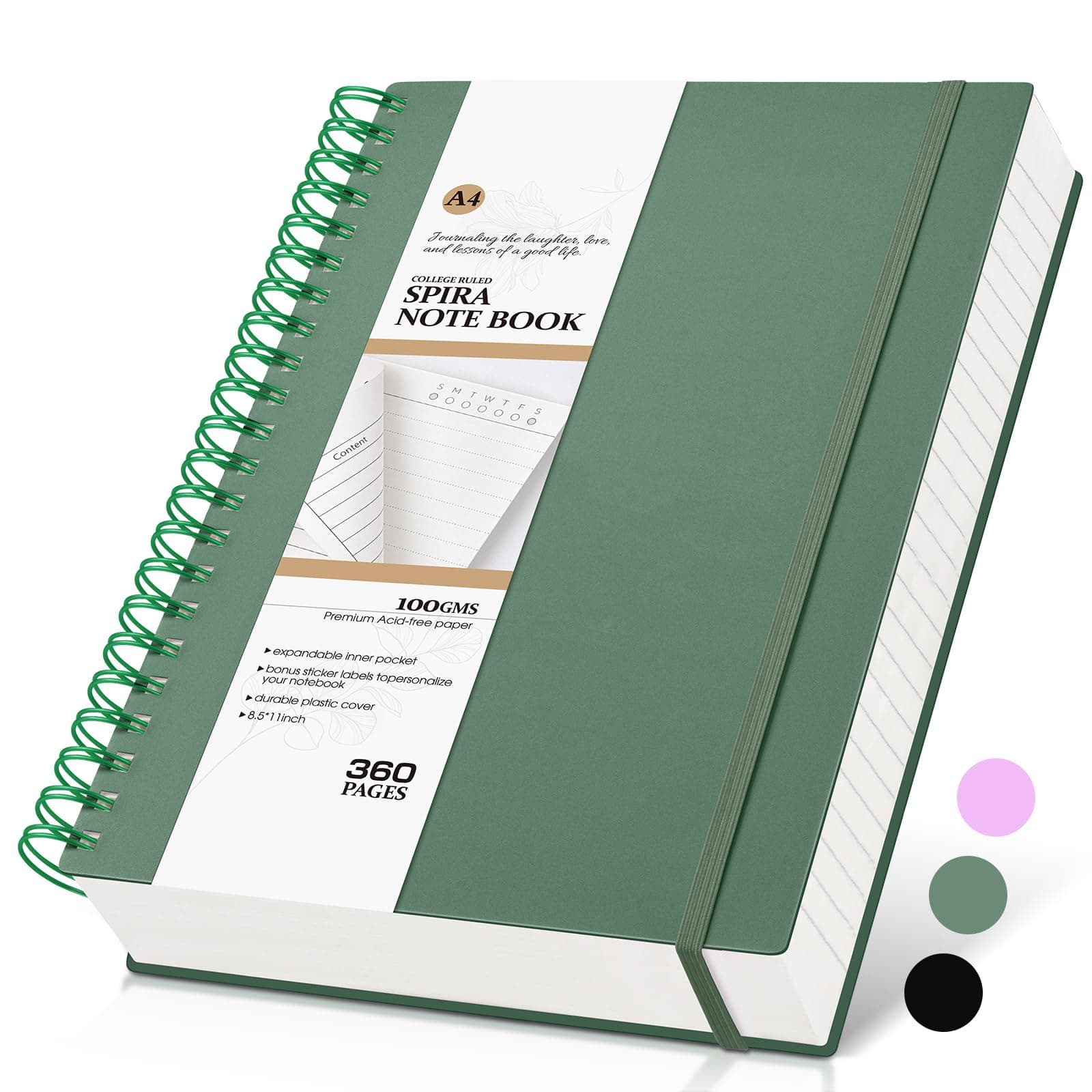 Spiral Notebook Journal College Ruled 8.5''x 11'', 360 Pages Lined Thick Journals for Women Men, A4 Large Spiral Notebooks with 100GSM Paper, Spiral Journaling for Writing Work, School Green