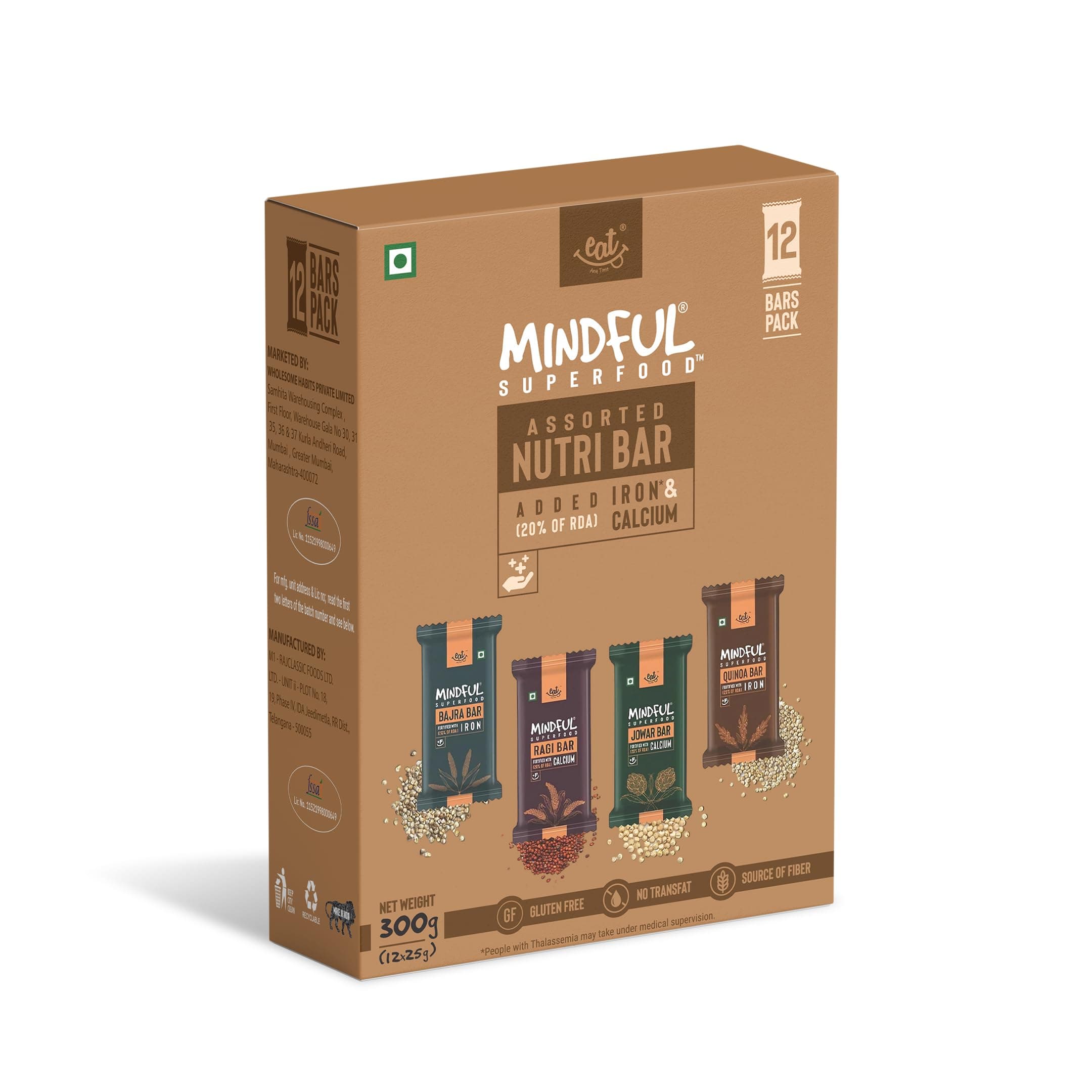 Healthy Millet Chocolate Bar | Gluten Free, High Fiber, No Added Sugar | Ragi, Quinoa, Jowar & Bajra | 300gm (12pcs of 25gm)