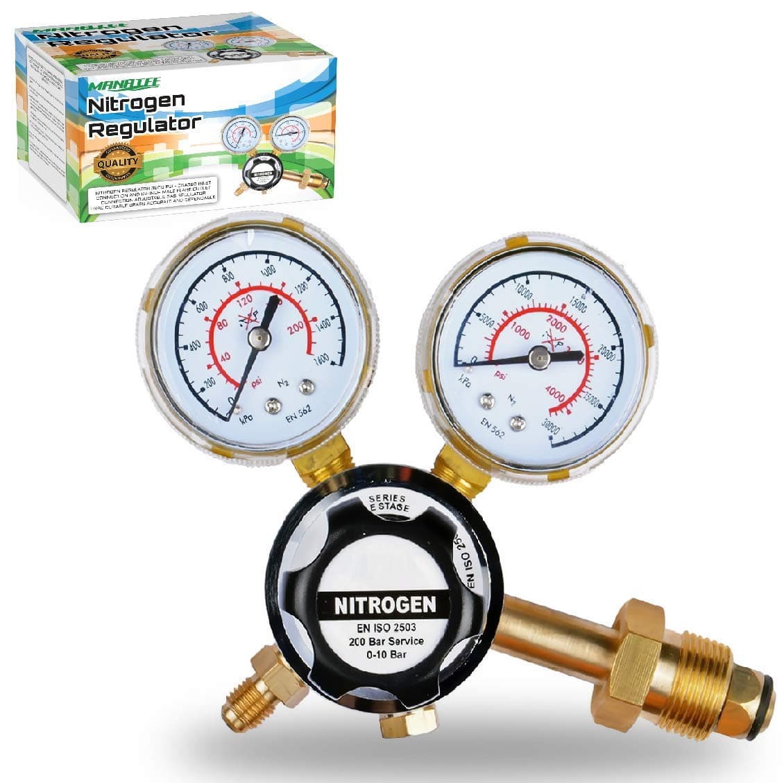MANATEE Nitrogen Regulator 3000 PSI - CGA580 Inlet Connection and 1/4-Inch Male Flare Outlet Connection Adjustable Gas Regulator HVAC Durable Brass Accurate and Dependable