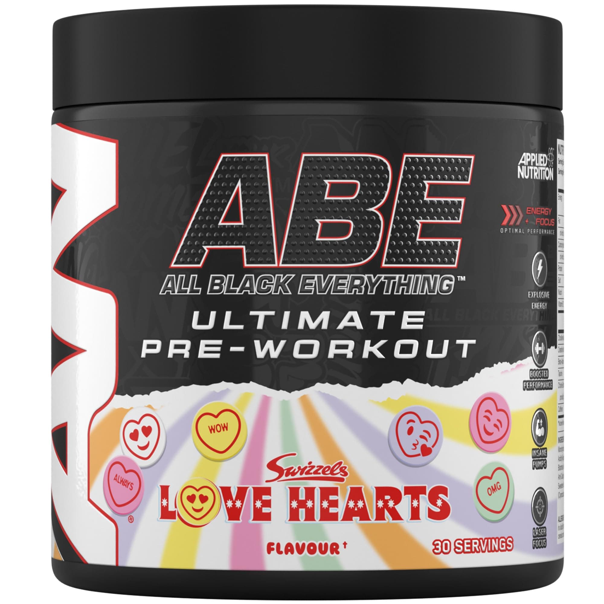 Applied Nutrition ABE Pre Workout - All Black Everything Pre Workout Powder, Energy & Physical Performance with Citrulline, Creatine, Beta Alanine (375g - 30 Servings) (Swizzels Love Hearts)