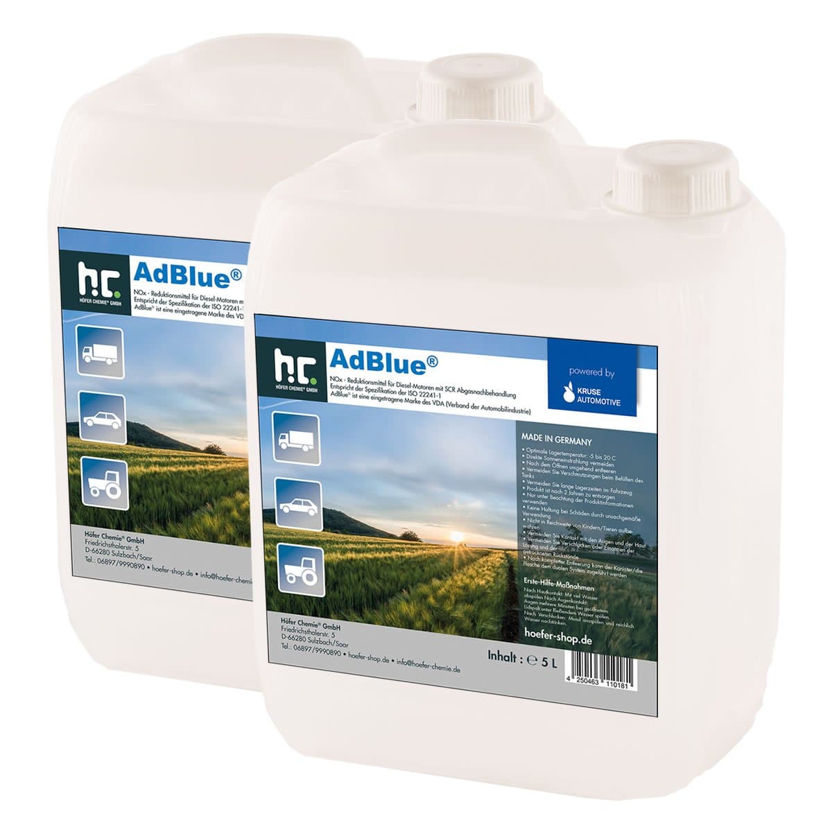 AdBlue® urea solution, 2 x 5 litre, car by Kruse, 90 %, at SCR, automotive, reduces emissions of nitrous oxide systems, Höfer Chemistry