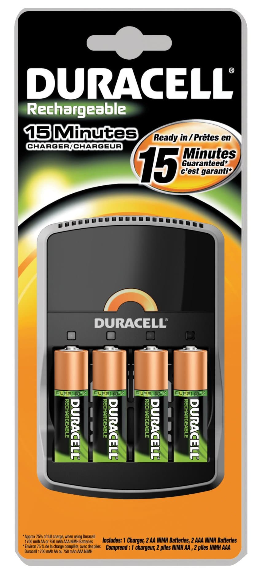 Duracell CEF15DX4 Rechargeable NiMH 15 Minute Battery Charger with 4 Pre-Charged AA Cells, 198mm Width x 190mm Height x 45mm Depth (Case of 4)