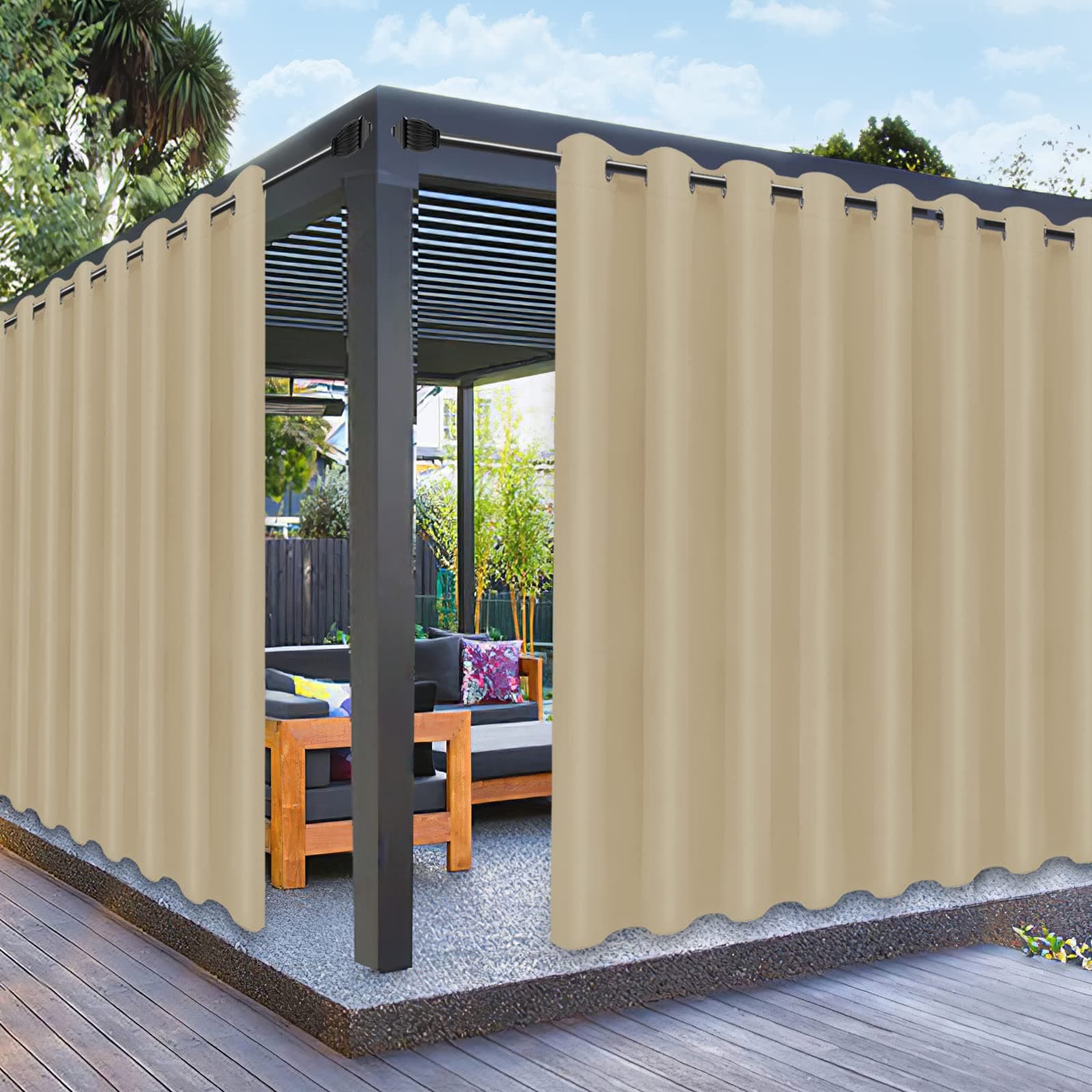 PureFit Outdoor Curtains for Patio Waterproof Weatherproof, UV and Fade Resistant Outside Curtains for Gazebo, Front Porch, Pergola, Sun Blocking Privacy Curtain, 120W x 95L inch, 1 Panel, Beige