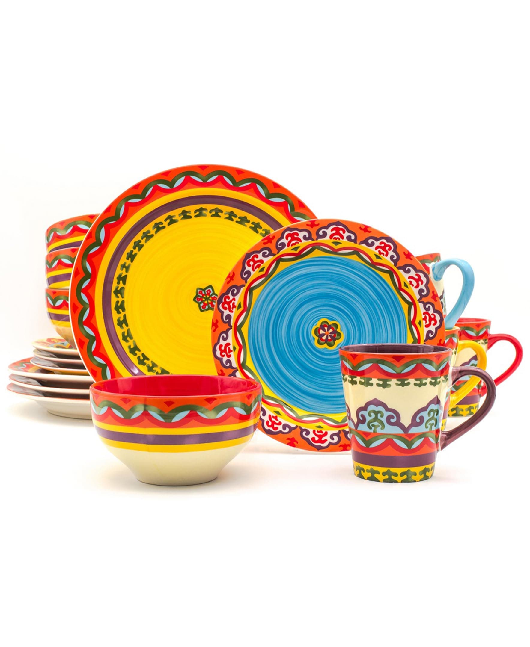 Euro Ceramica EC-GAL-1001 Galicia Collection Andalusian-Inspired 16 Piece Dinnerware Set, Vibrant Assorted Patterns, Multicolor