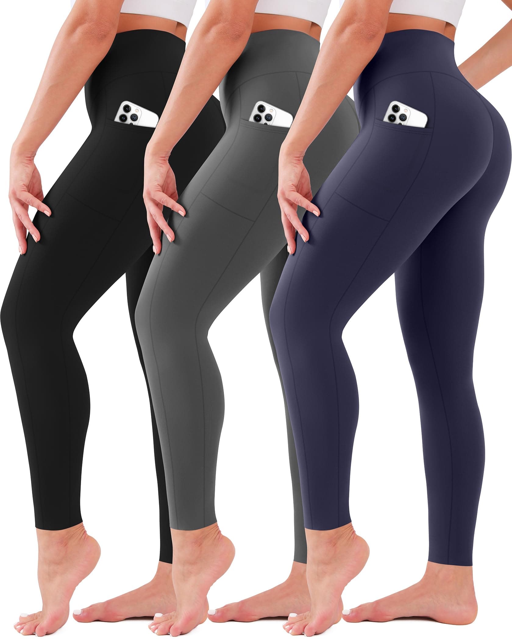 3 Pack Leggings with Pockets for Women High Waisted Tummy Control Soft Yoga Pants Womens Leggings