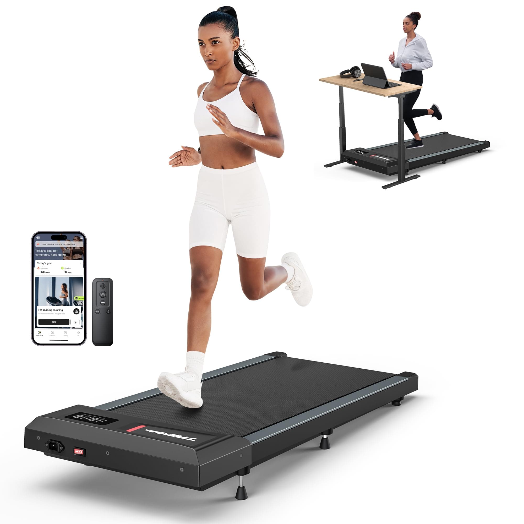 Treadmills with Incline, Under Desk Walking Pad 320lb Capacity, Small Treadmill for Home Office Smart Treadmill Works with ZWIFT KINOMAP Apple Health WELLFIT, AI Voice Control Easy to Move and Store