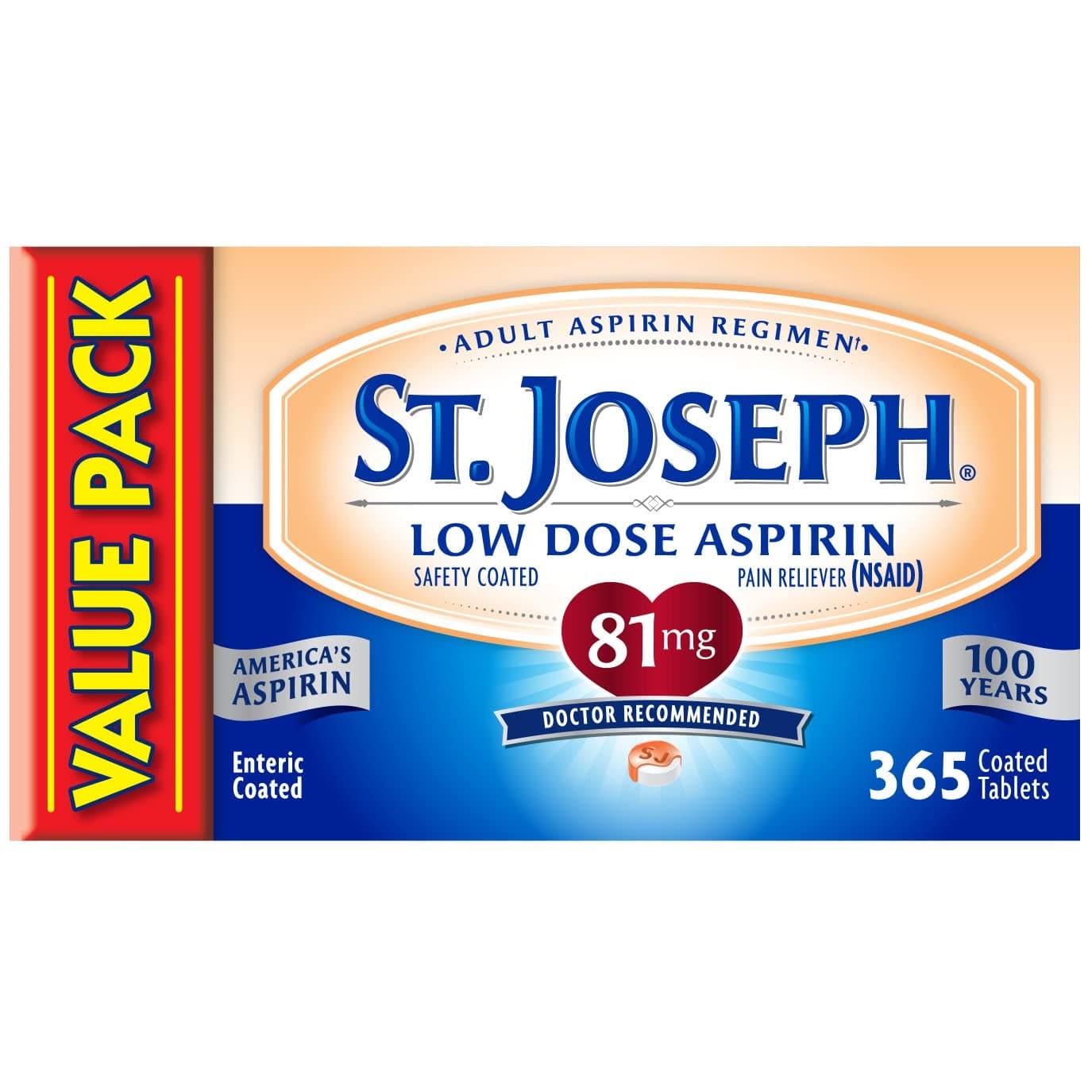 St. Joseph Aspirin Pain Reliever (NSAID) 81mg, Enteric Safety Coated, Adult Low Dose Aspirin, 365 ct (1 Year Supply, Packaging May Vary)