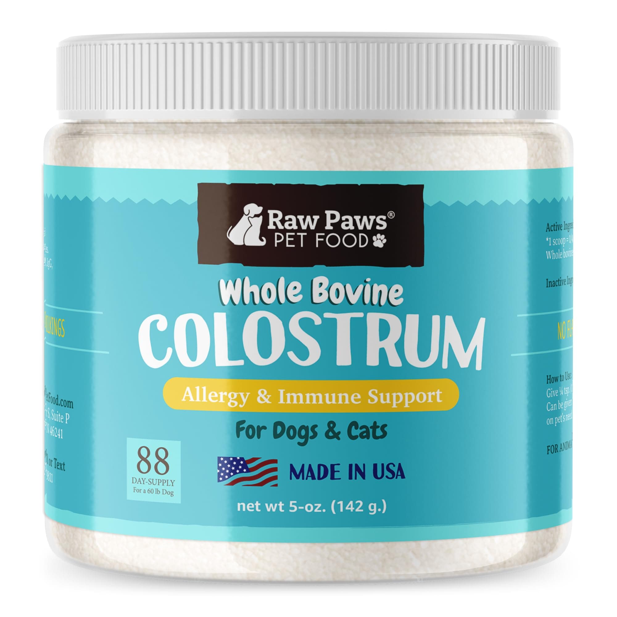 Raw Paws Pet Bovine Colostrum For Dogs Allergies & Immune Support, 5-Oz - Made In Usa, Pure Powder Cats Daily Supplement Puppies Kittens