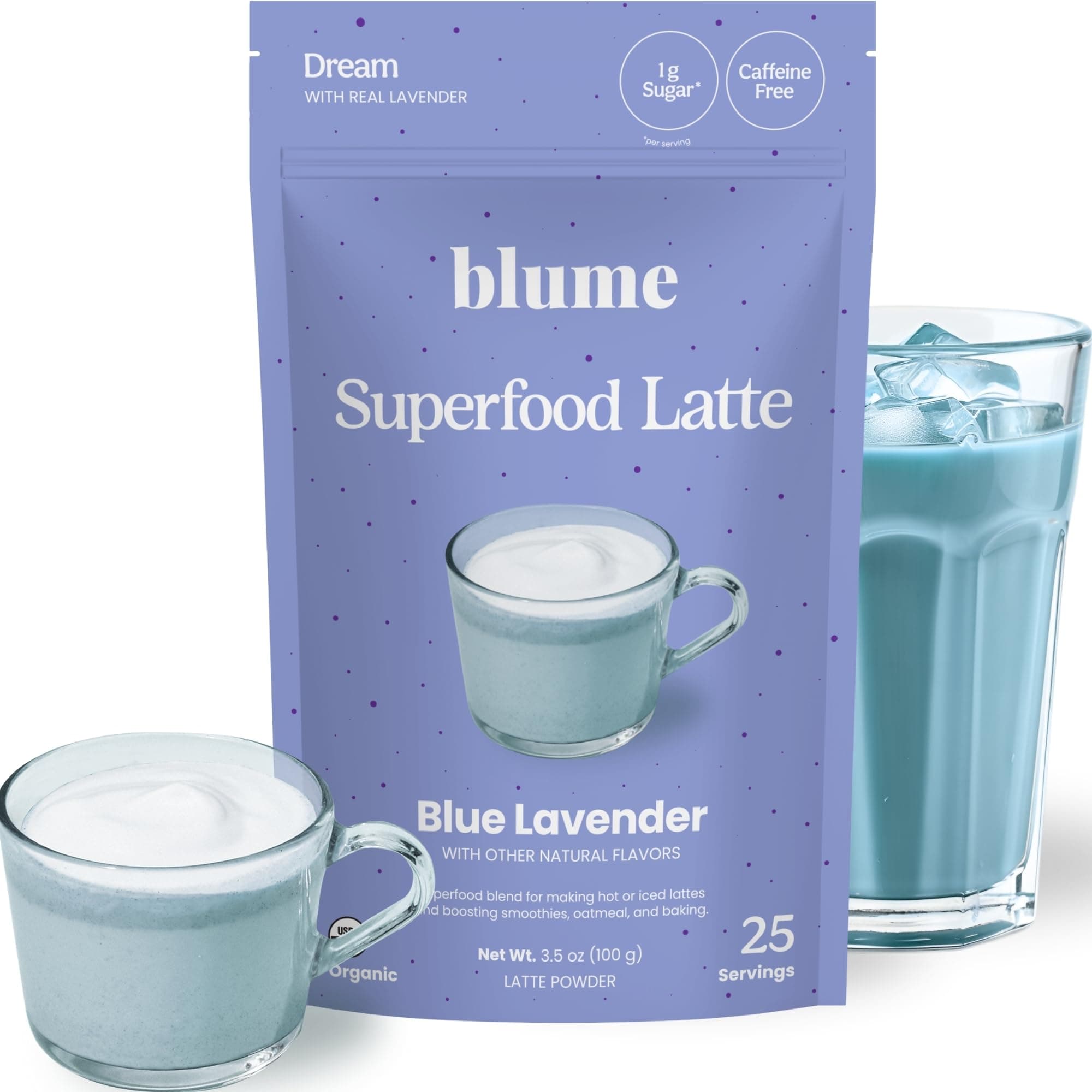 Blume Superfoods Latte - Blue Lavender Powder with Blue Spirulina and Coconut Milk, Caffeine Free, Low-Sugar, Organic, Keto Friendly, Vegan, supports sleep and calmness, Lavender Latte- 25 Servings