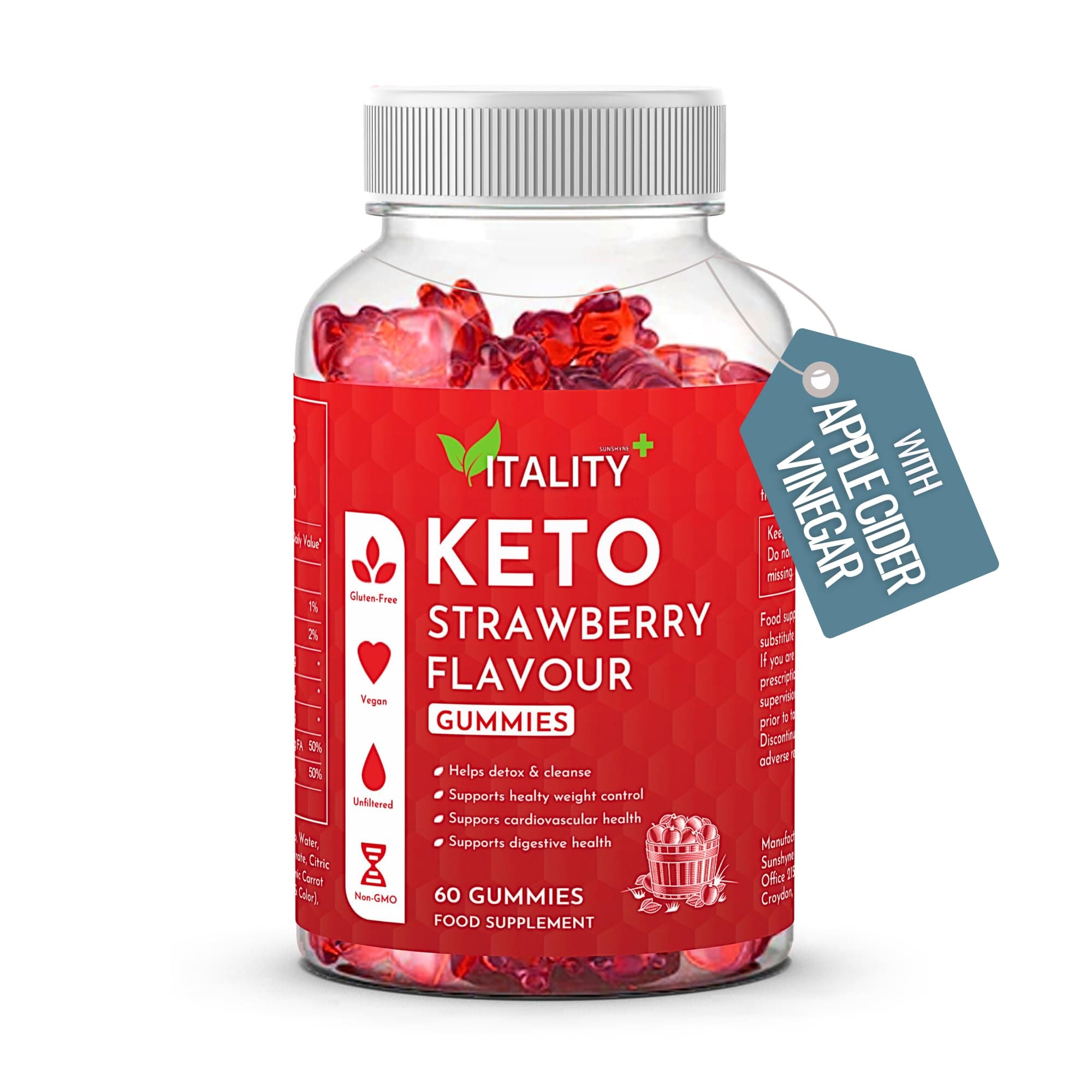 Keto Gummies Weight Loss Support Food Supplement - Strawberry Flavour 60 Gummies – Low Calorie Snacks - No Added Sugars - Appetite Control & Energy Boost - Vegan and Gluten Free