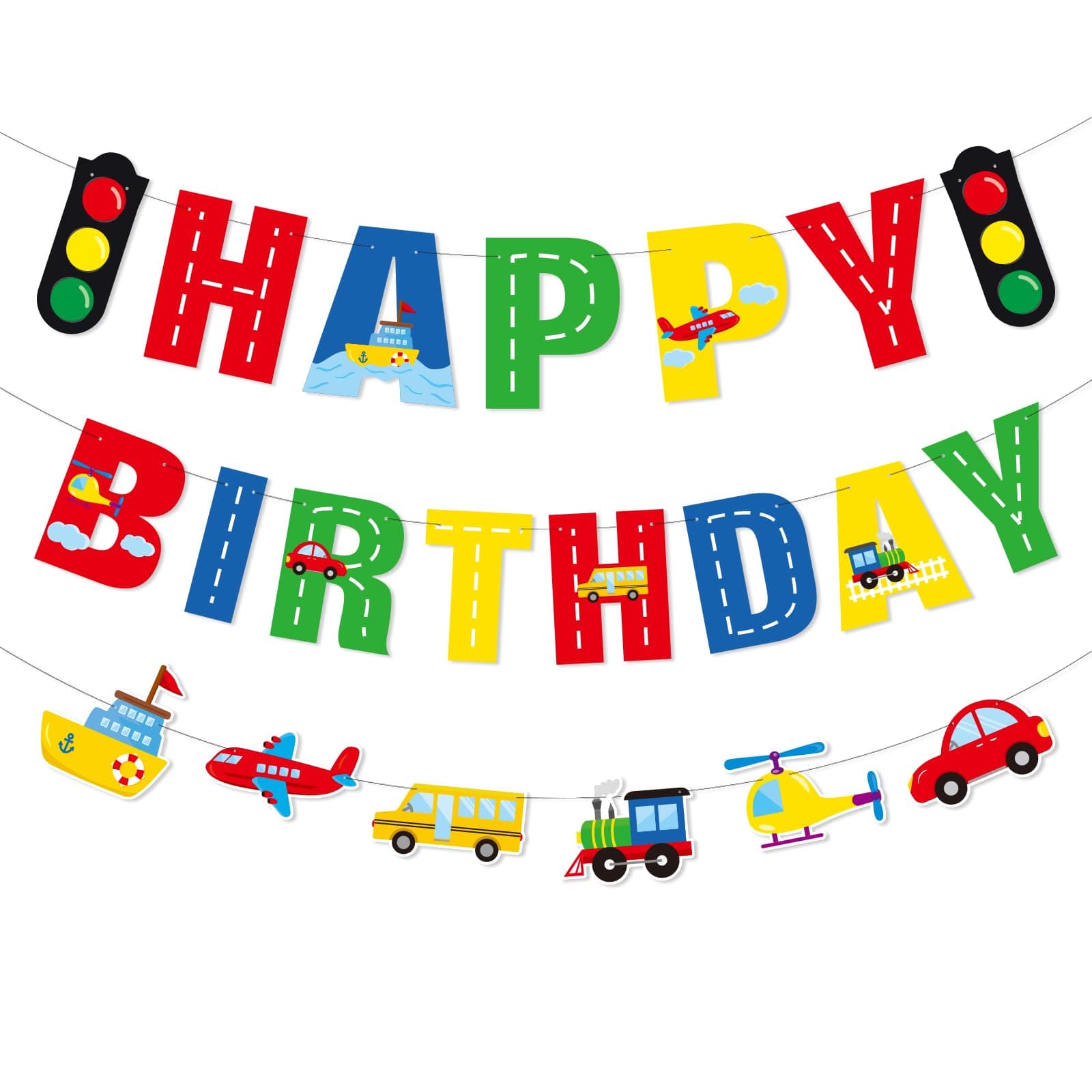 Faisichocalato Transportation Happy Birthday Banner Car Bus Train Plane Ship Helicopter Traffic Light Photo Props Garland for Kids Transportation Theme Birthday Party Decorations Baby Shower Supplies