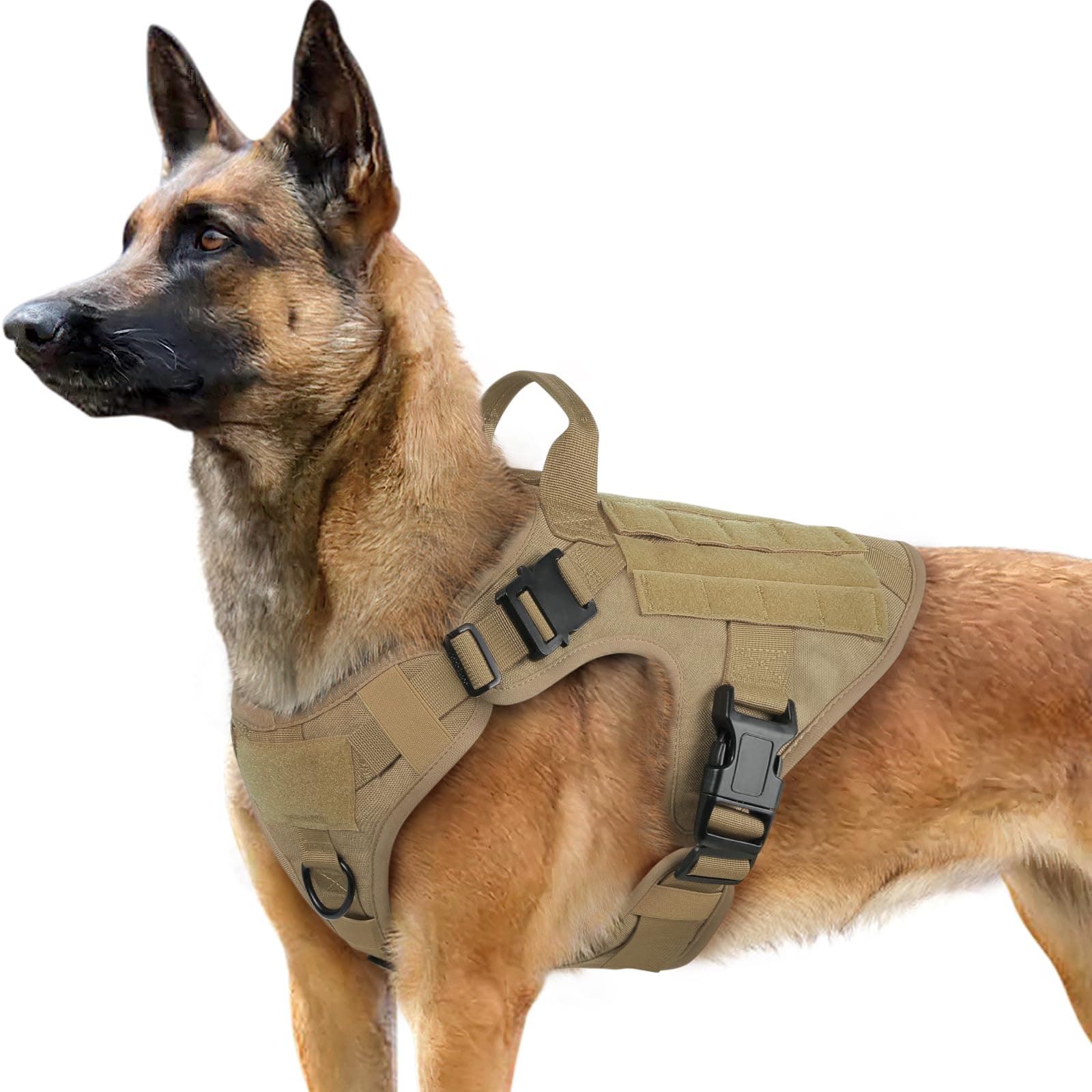 rabbitgoo Tactical No Pull Dog Harness Medium Large Dog with Metal Buckles MOLLE Panel, Breathable Service Pet Vest with Handle, Military Matierial Puppy Harness for Training Walking, L, Brown