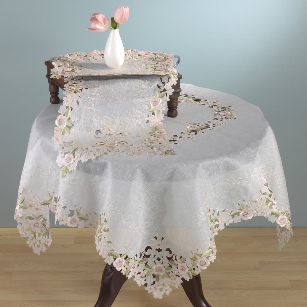 Embroidered and Cutwork Design Tablecloth and Tablecloth. 100% Polyester Woven. Off-White, 36 Inch Square. One Piece