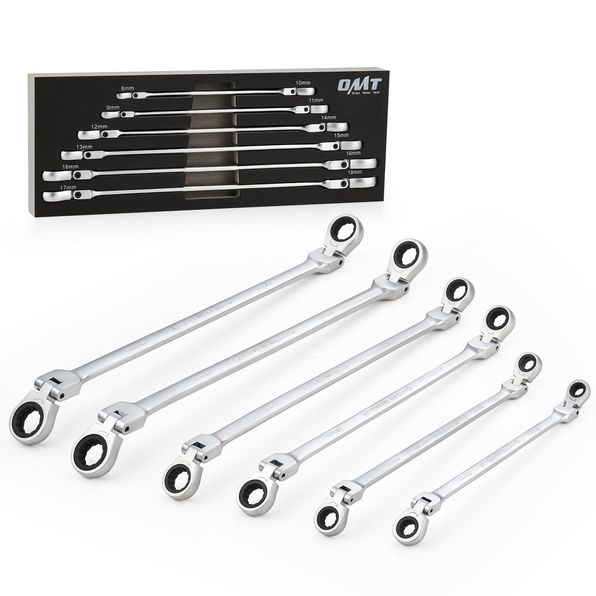 Orion Motor Tech OMT 6-Piece Metric 8mm - 19mm Extra Long Gear Ratcheting Wrench Set XL Extended Handle with Flex Head, 8mm 9mm 10mm 11mm 12mm 13mm 14mm 15mm 16mm 17mm 18mm 19mm - 6pcs & 12 Sizes