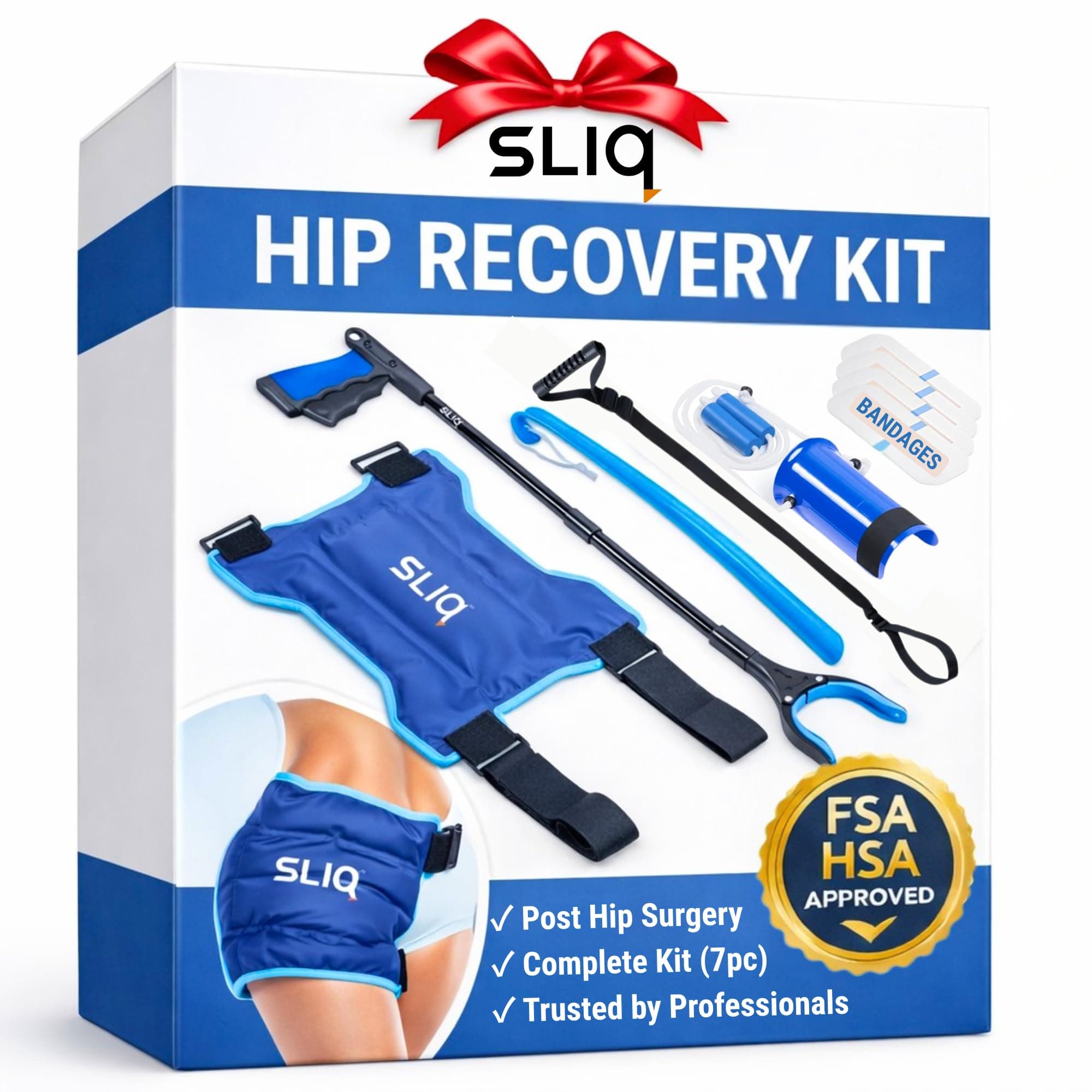 Sliq 7 Pcs Hip Kit for Seniors, Total Recovery Replacement Supplies After Surgery, Hip Replacement Kit After Surgery with Ice Pack, Grabber Tool, Leg Lifter, Sock Aid, Waterproof Bandages