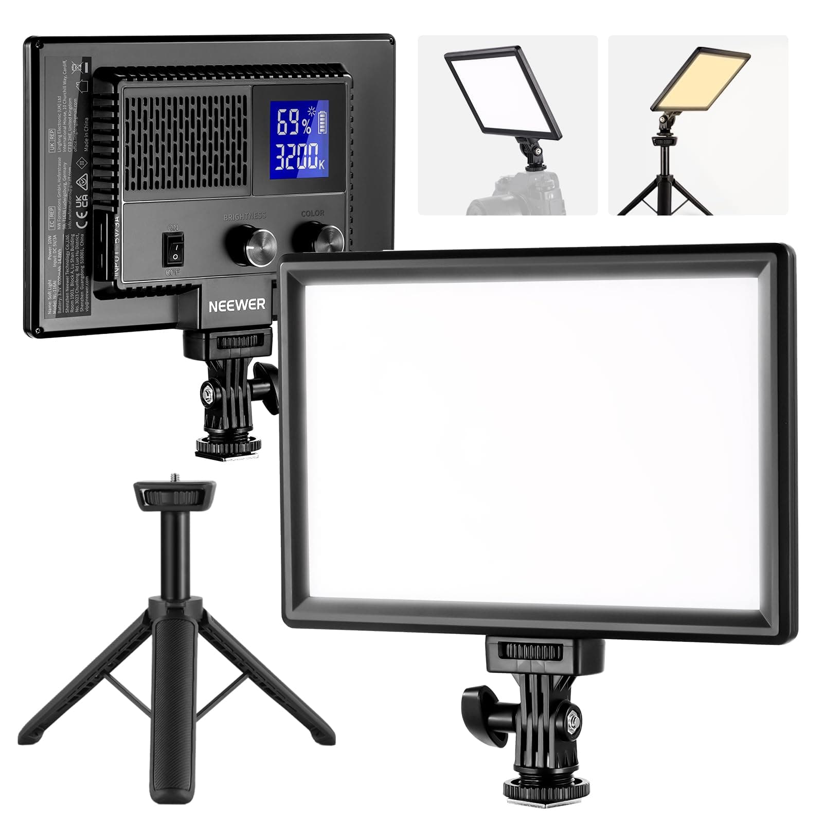 9" LED Video Light Panel, Dimmable DSLR Camera Soft Lighting with Mini Desk Tripod Stand, USB Type C Ports, 3200K~5600K CRI95+ for Studio Photography Video Recording Live Streaming, NL-116AI