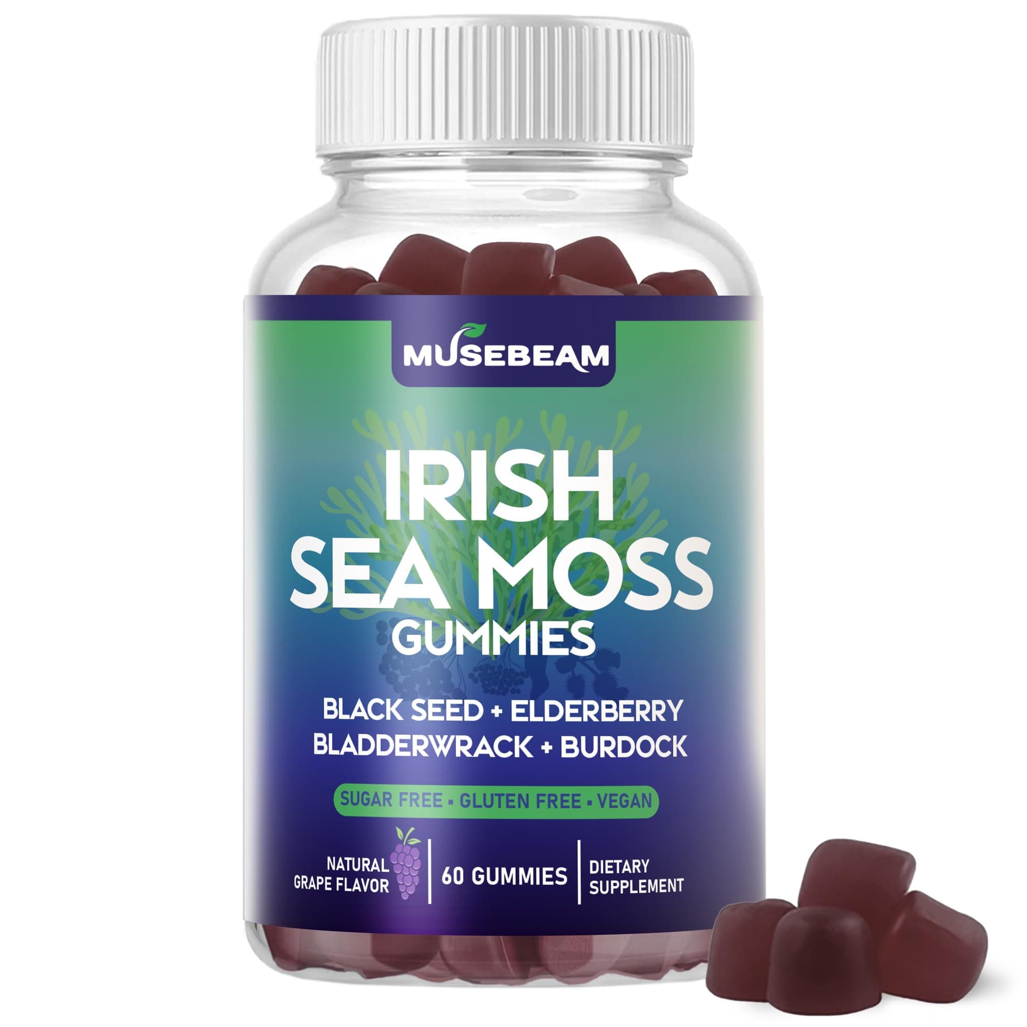 Irish Sea Moss Gummies - with Black Seed Elderberry Bladderwrack Burdock Turmeric Omega-3 Vitamins C D3 Zinc - Seamoss Supplements for Adults Women Men - Sugar-Free Gluten Free Vegan