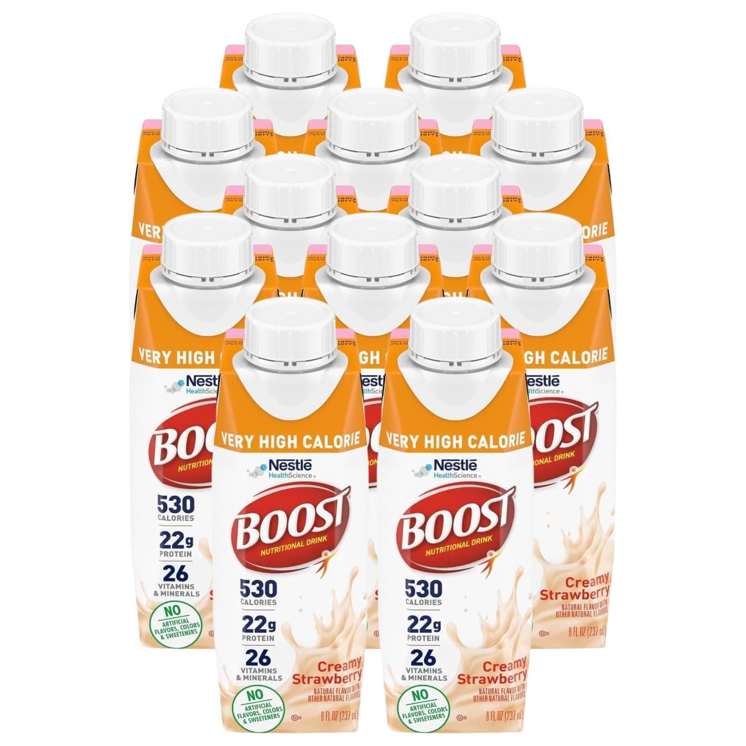 Boost Very High Calorie Nutritional Drink Creamy Strawberry, Made with Natural Strawberry Flavor & No Artificial Flavors, Colors & Sweeteners, 8 FL OZ (Pack of 12)