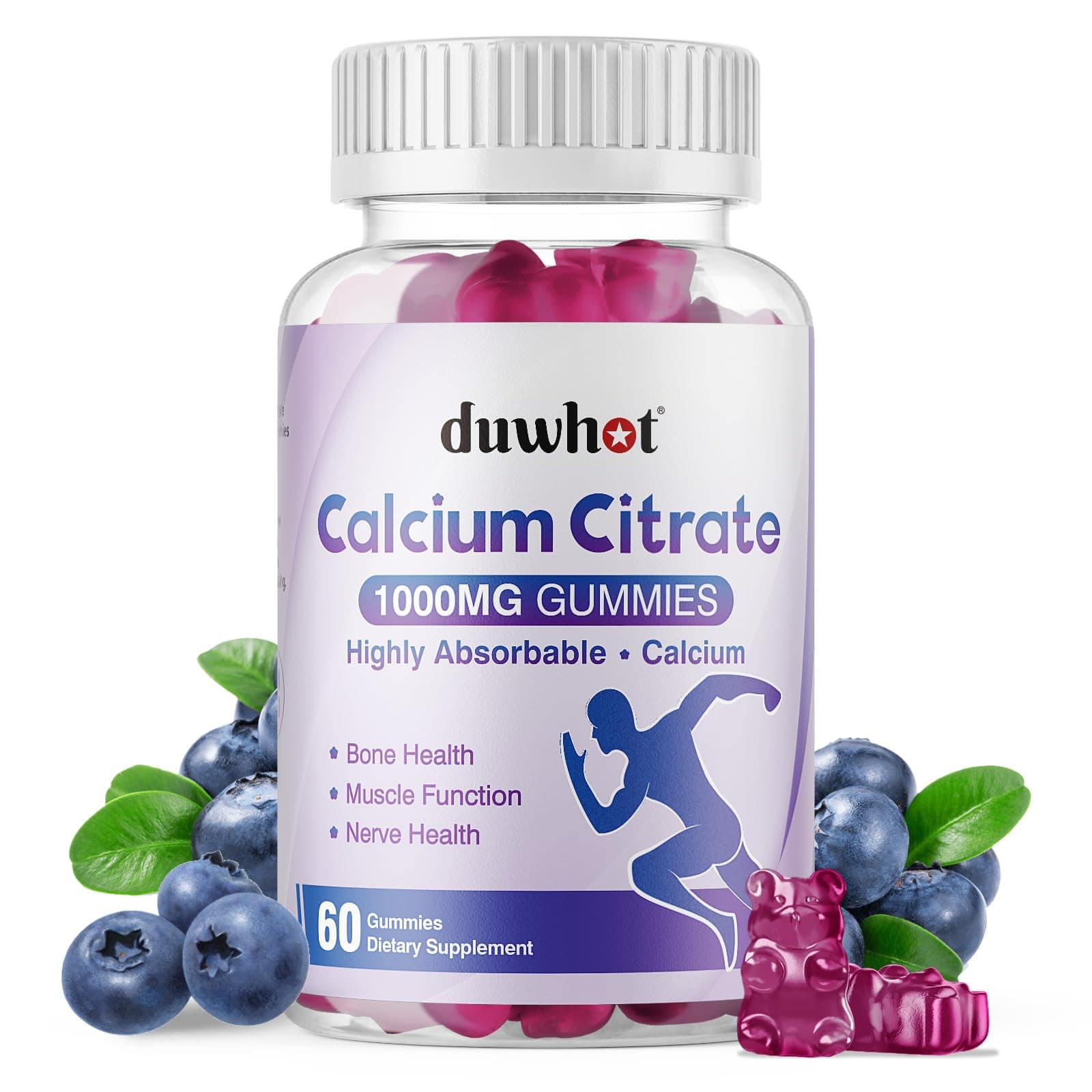 Calcium Citrate Gummies, Chewable Calcium Citrate 1000mg for Bone, Muscle & Immune Support, Ultimate Absorption Calcium Supplements for Women & Men, Blueberry, 60 Chews