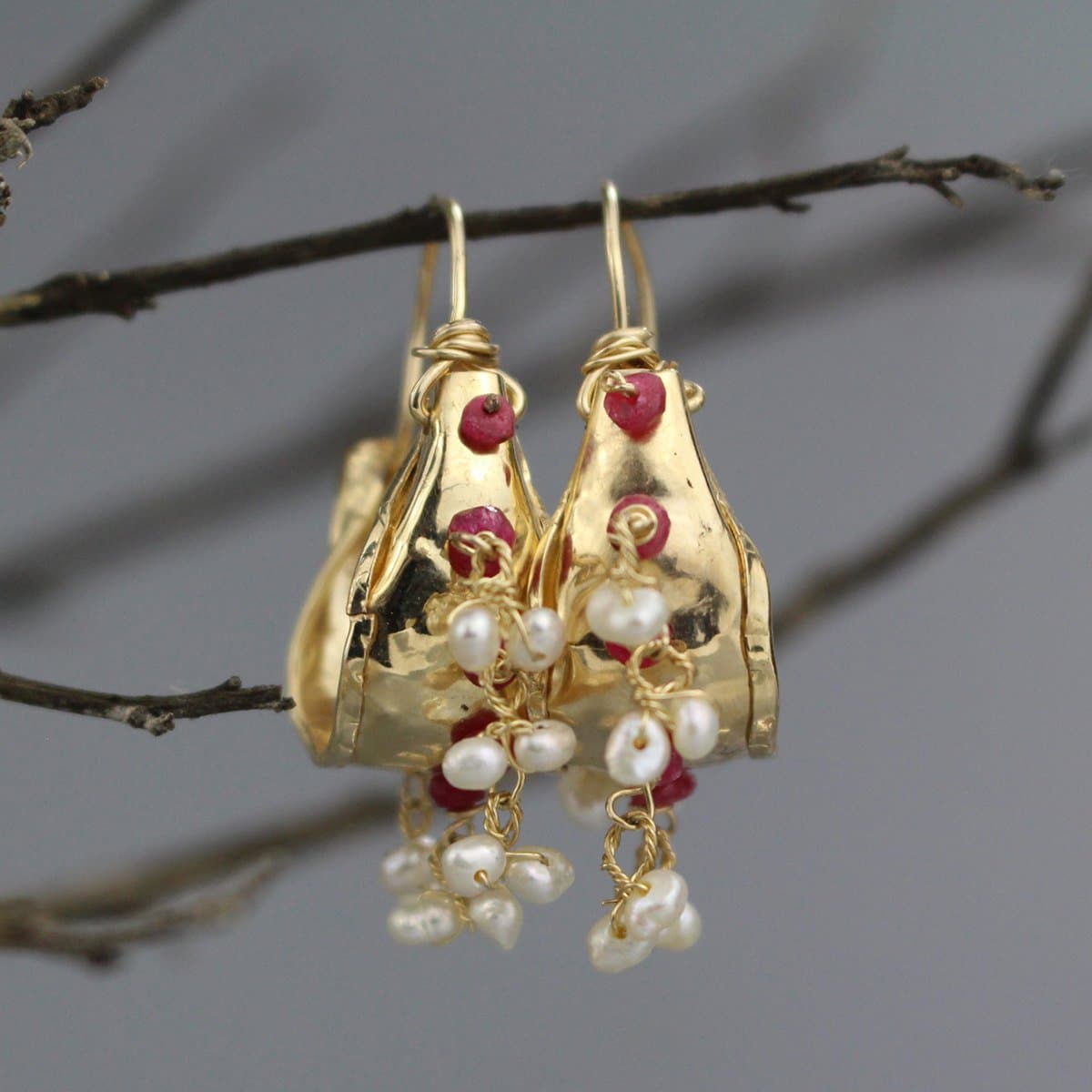 High End Ruby and Pearl Gold Filled Hoop Earrings, Unique Chunky Boho Wedding Hoop Earrings