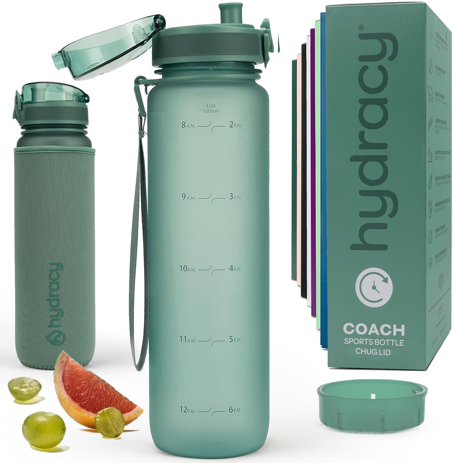 Hydracy Water Bottle with Time Marker -Large 1 Litre BPA Free Water Bottle & No Sweat Sleeve -Leak Proof Gym Bottle with Fruit Infuser Strainer & Times to Drink -Ideal for Fitness Sport & Outdoor