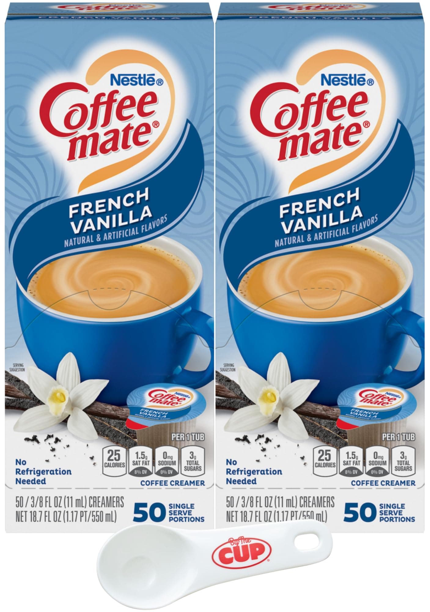 Nestle Coffee mate Liquid Coffee Creamer Singles, French Vanilla, 50 Ct Box (Pack of 2) with By The Cup Coffee Scoop, 37.5 Fl Oz