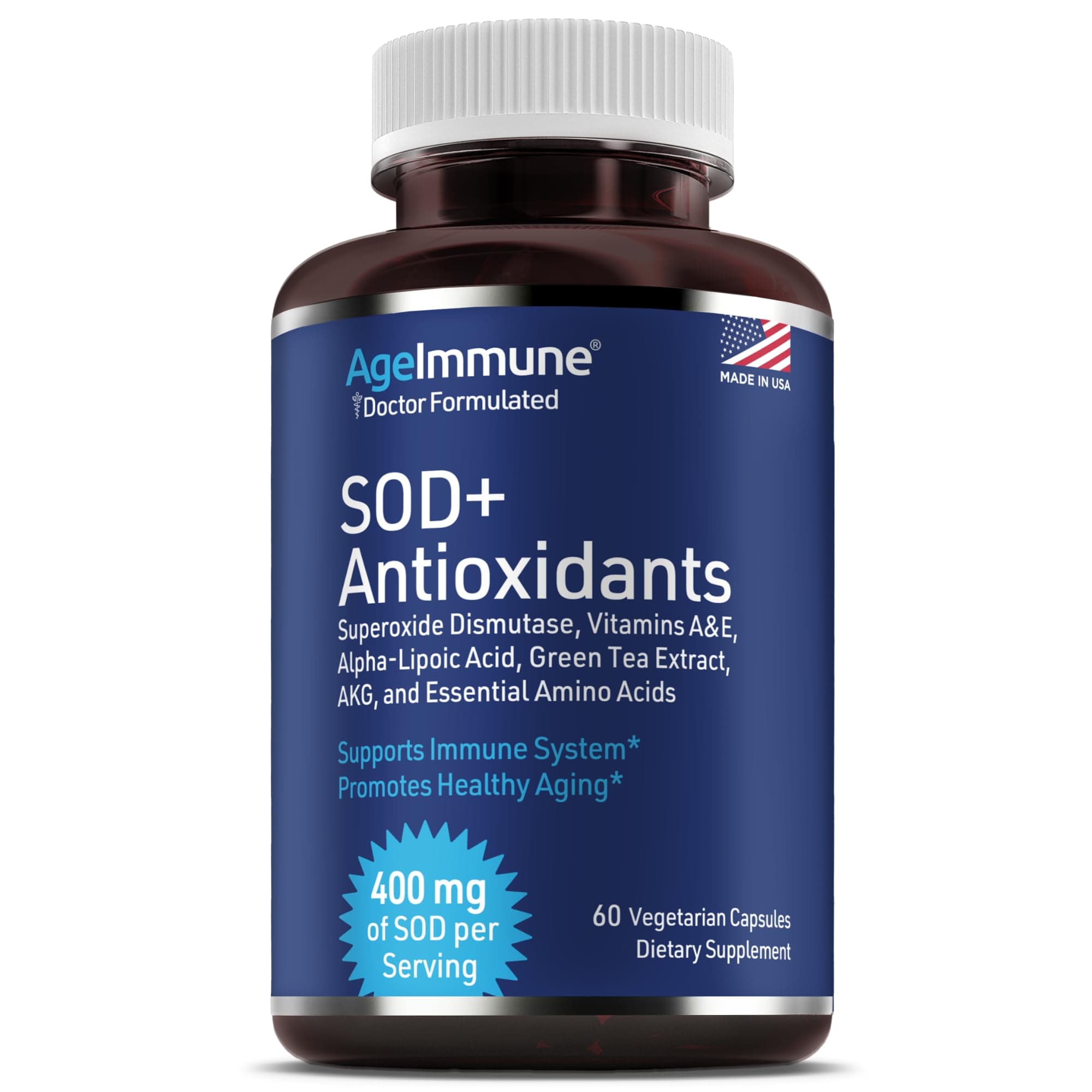 SOD Antioxidants Complex Healthy Aging Supplement - 400mg of Superoxide Dismutase - Alpha Lipoic Acid - L-Arginine -Lysine - AKG - Vitamin A - Vitamin E for Immune Support-60 Capsules