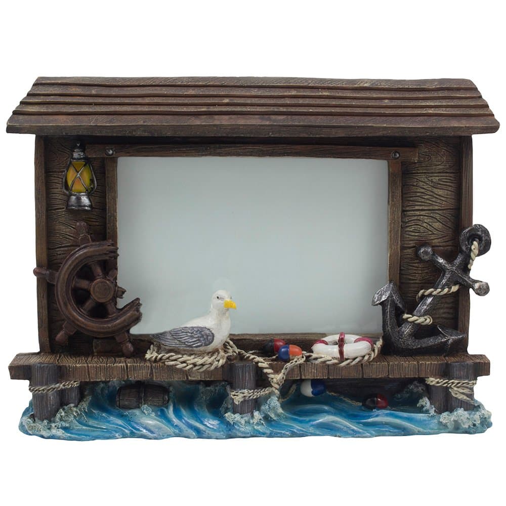 Decorative Fishing Dock Desktop Picture Frame with Anchor, Ship's Wheel, Lantern, Life Preserver and Seagull Holds 6 x 4 Photo for Nautical Decor As Ocean, Sea & Coastal Gifts