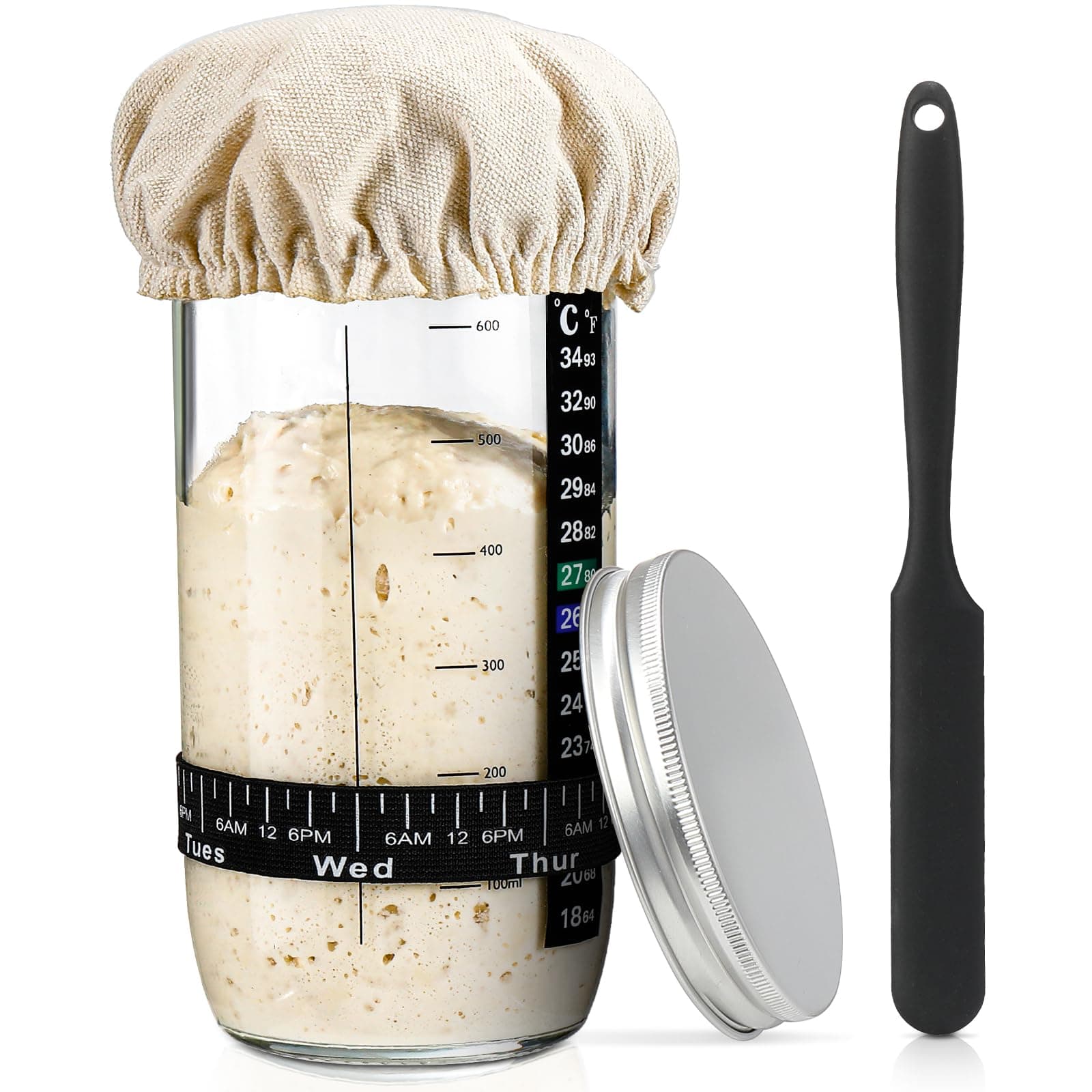 DWTS DANWEITESI Sourdough Starter Jar with Date Marked Feeding Band, Thermometer, Sourdough Fermentation Jar Scraper, Sewn Cloth Cover & Aluminum Lid, Sourdough Starter Kit Reusable(1pcs/24oz)
