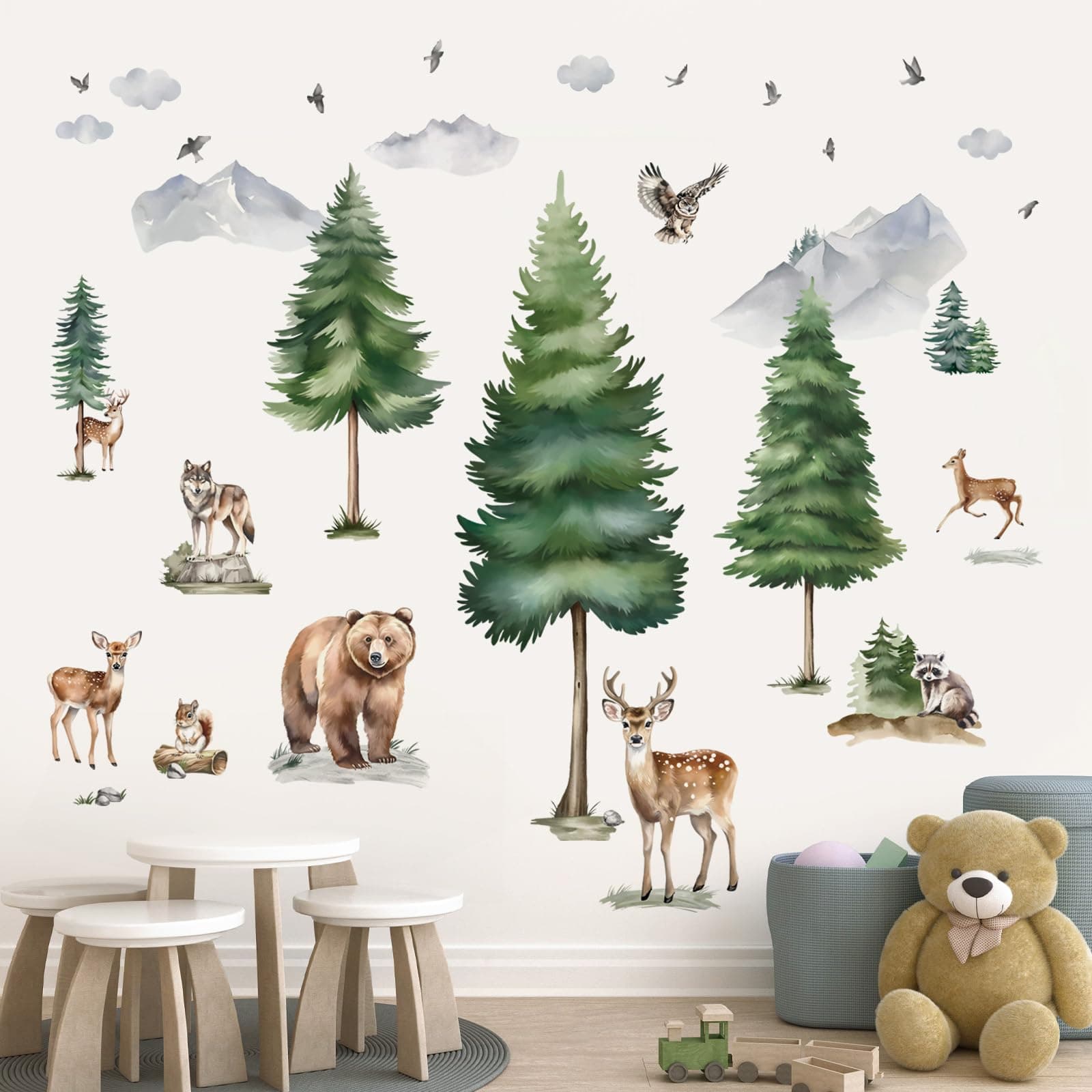 wondever Large Mountain Tree Wall Stickers Pine Tree Woodland Animal Deer Bear Peel and Stick Wall Art Decals for Kids Room Baby Nursery Bedroom