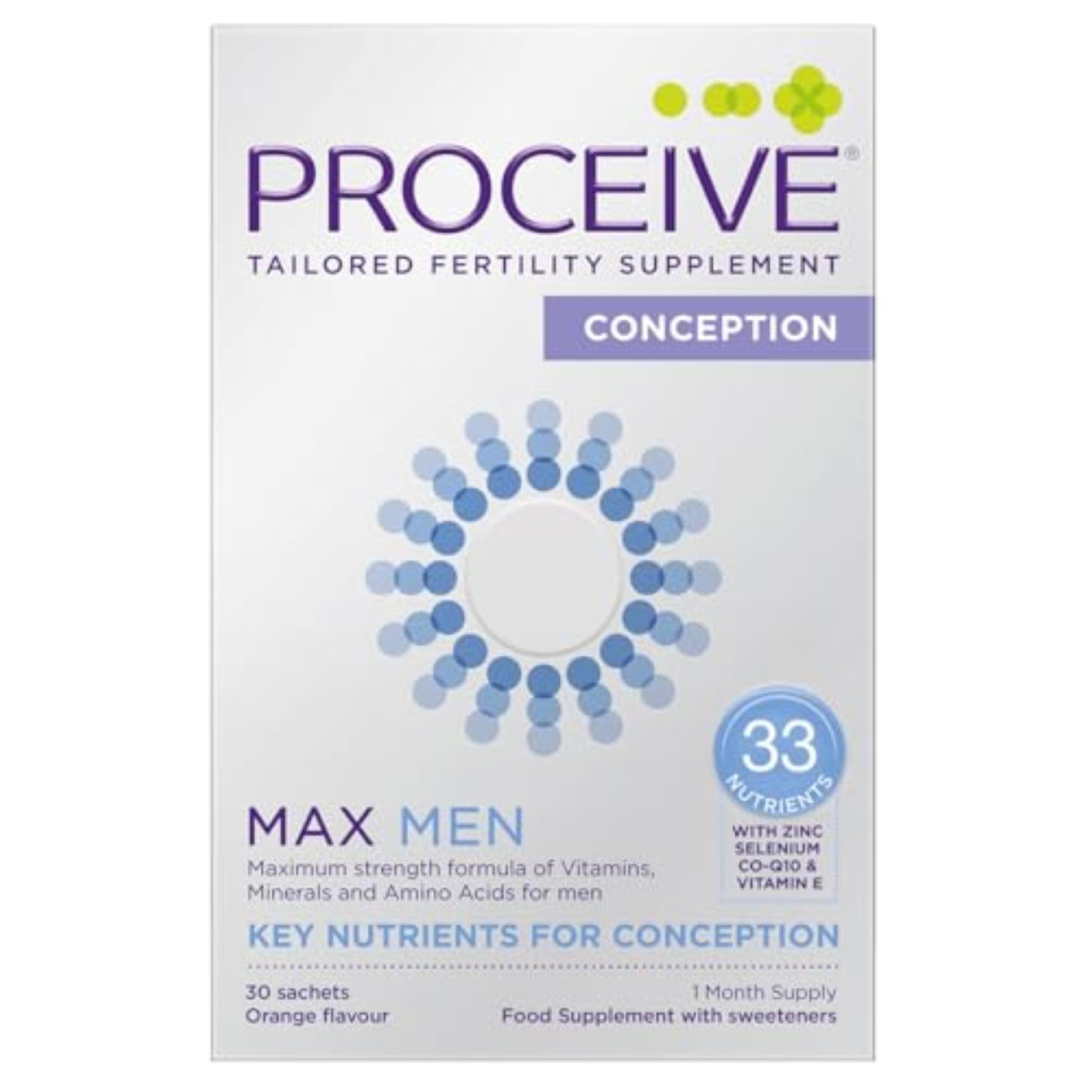 Proceive® MAX Men- Fertility Supplement for Conception - Vitamins & Minerals for Men Trying to Conceive - Selenium, Zinc, Co Q10, Vitamin D - 30 Sachets (1 Month Supply) - Vegan