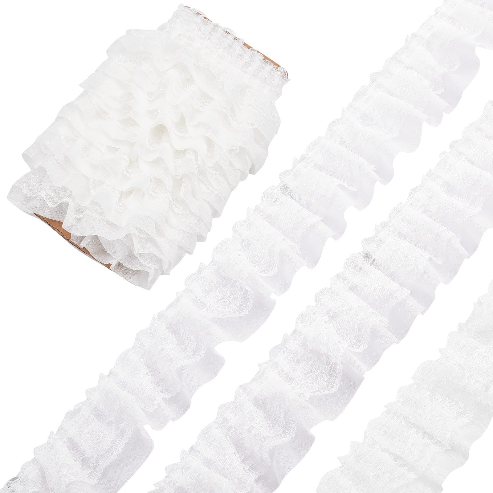 GORGECRAFT 11 Yards White Double-Layer Pleated Chiffon Lace Trim 2“ Wide 2-Layer Gathered Ruffle Trim Edging Tulle Trimmings Fabric Ribbon for Home DIY Sewing Crafts Costume Pillowcase Embellishments