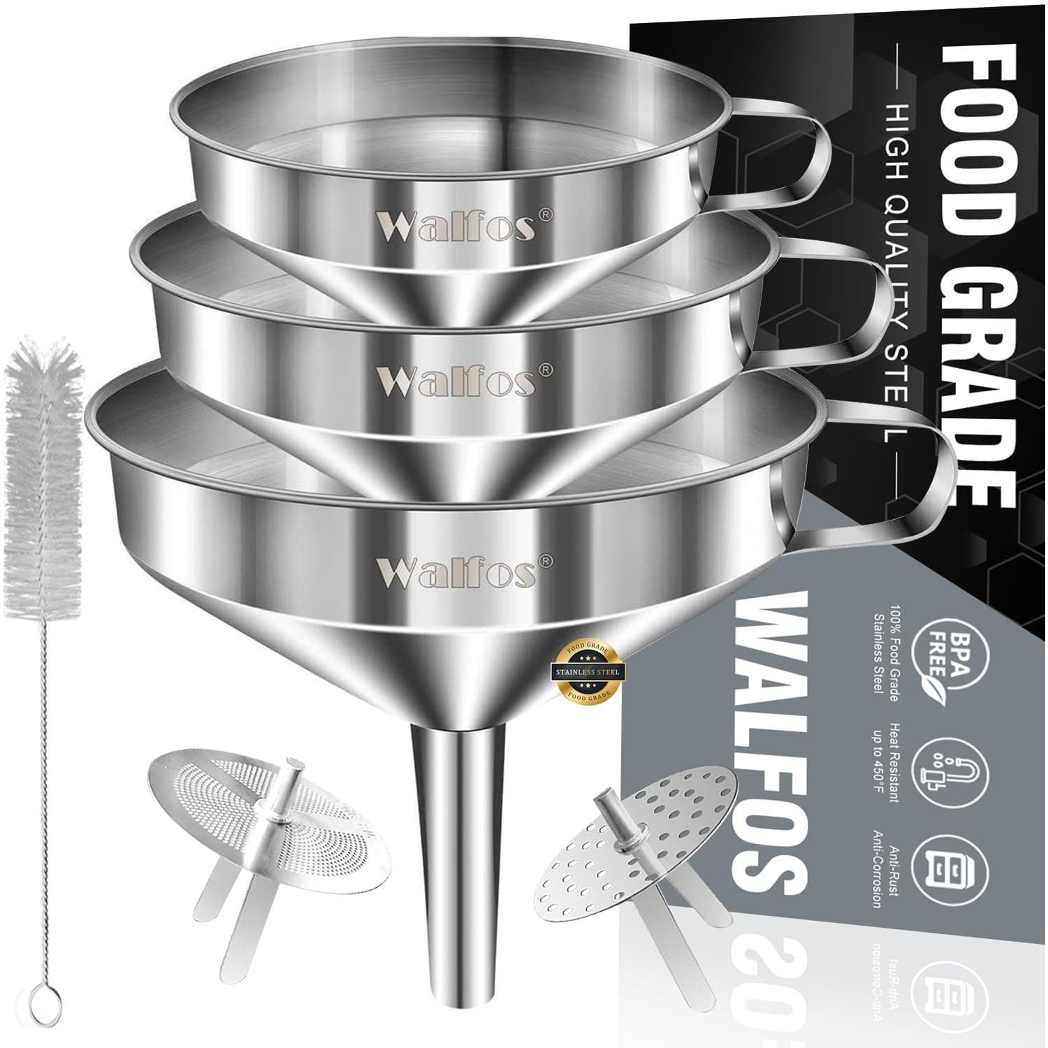 Stainless Steel Funnel, Walfos 3 Pack Kitchen Funnel with 2 Removable Strainer & 1Pcs Cleaning Brush, Perfect for Transferring of Liquid, Oils, Jam, Dry Ingredients & Powder