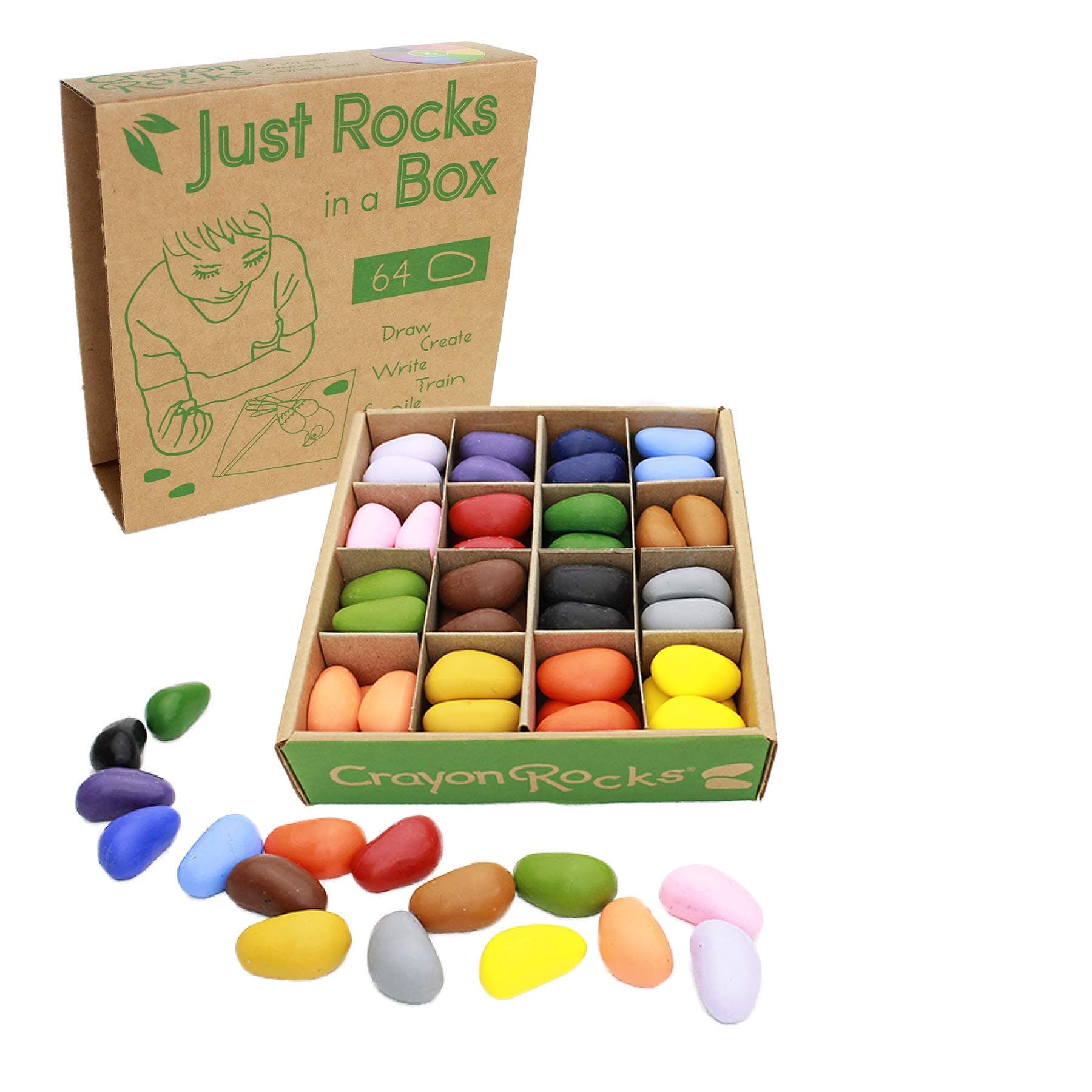 Just Rocks in a Box, 16 Colors, Tripod Grip Crayons Made For Handwriting Development in Kids and Toddlers, Fun & Educational, Creative Activity, 4 of Each Color - 64 Count