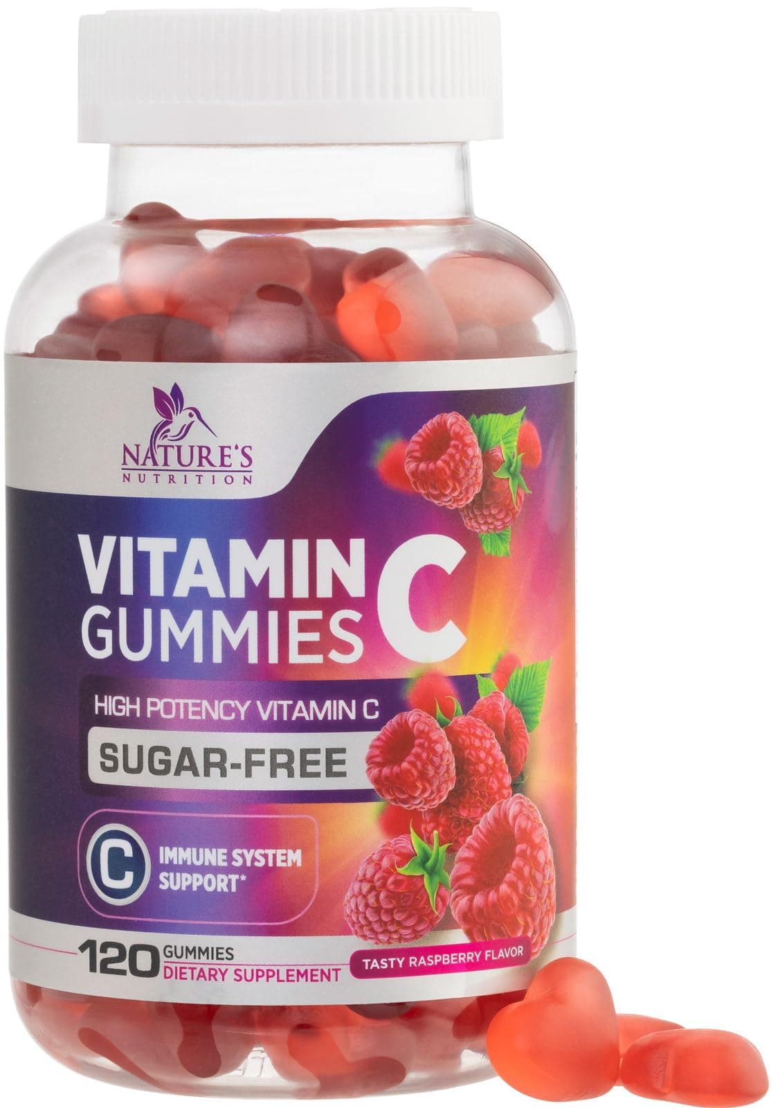 Vitamin C Gummies - 100% of Daily Vitamin C & Sugar Free - Immune Support with Powerful Antioxidants - Nature's Vegan VitaminC Dietary Supplement - Raspberry Flavor for Kids & Adults - 120 Gummies