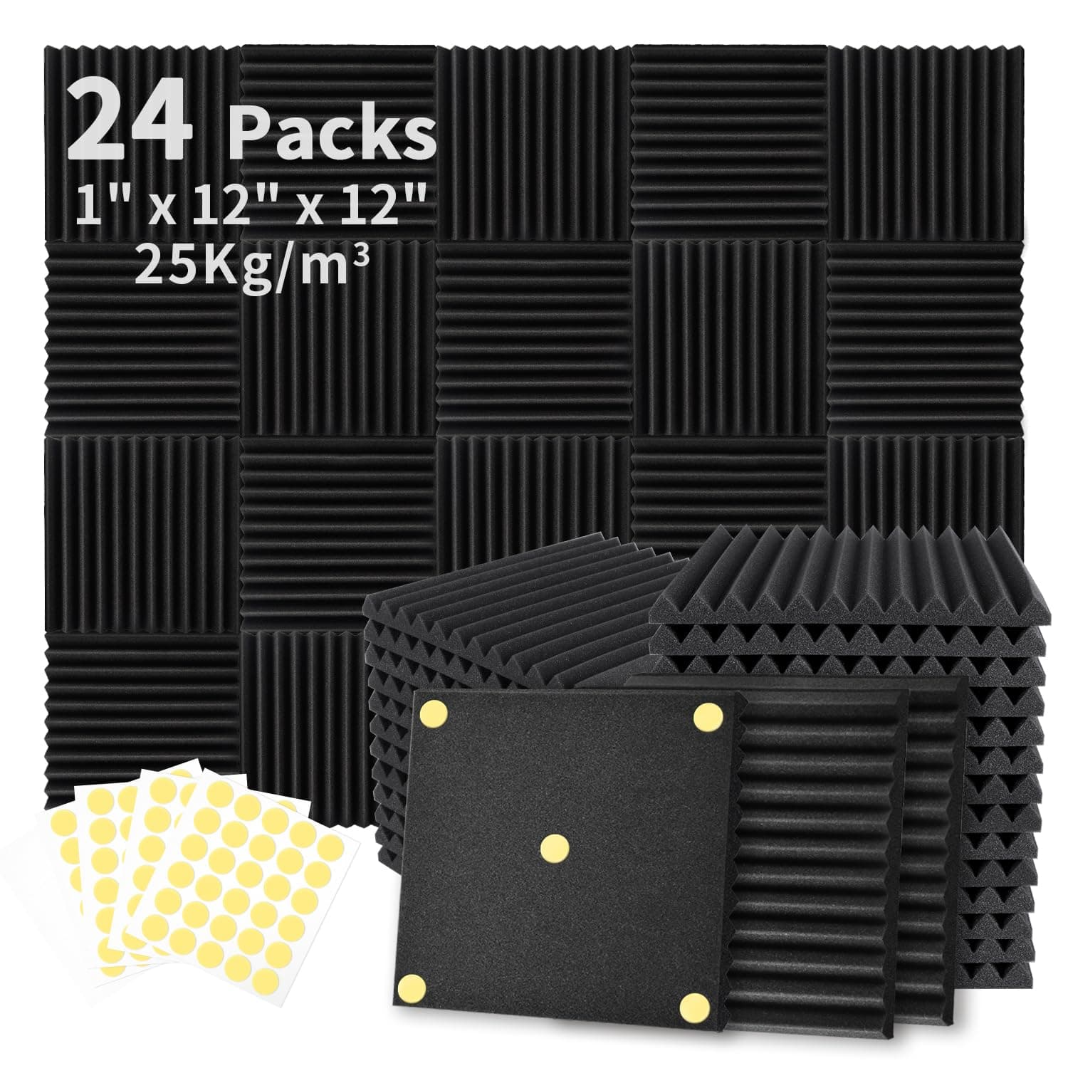 Focusound 24 Pack Acoustic Foam Panels 1" x 12" x 12" Sound Proof Foam Panles Soundproofing Noise Cancelling Wedge Panels for Home Office Recoding Studio with 240PCS Double-Side Adhesive