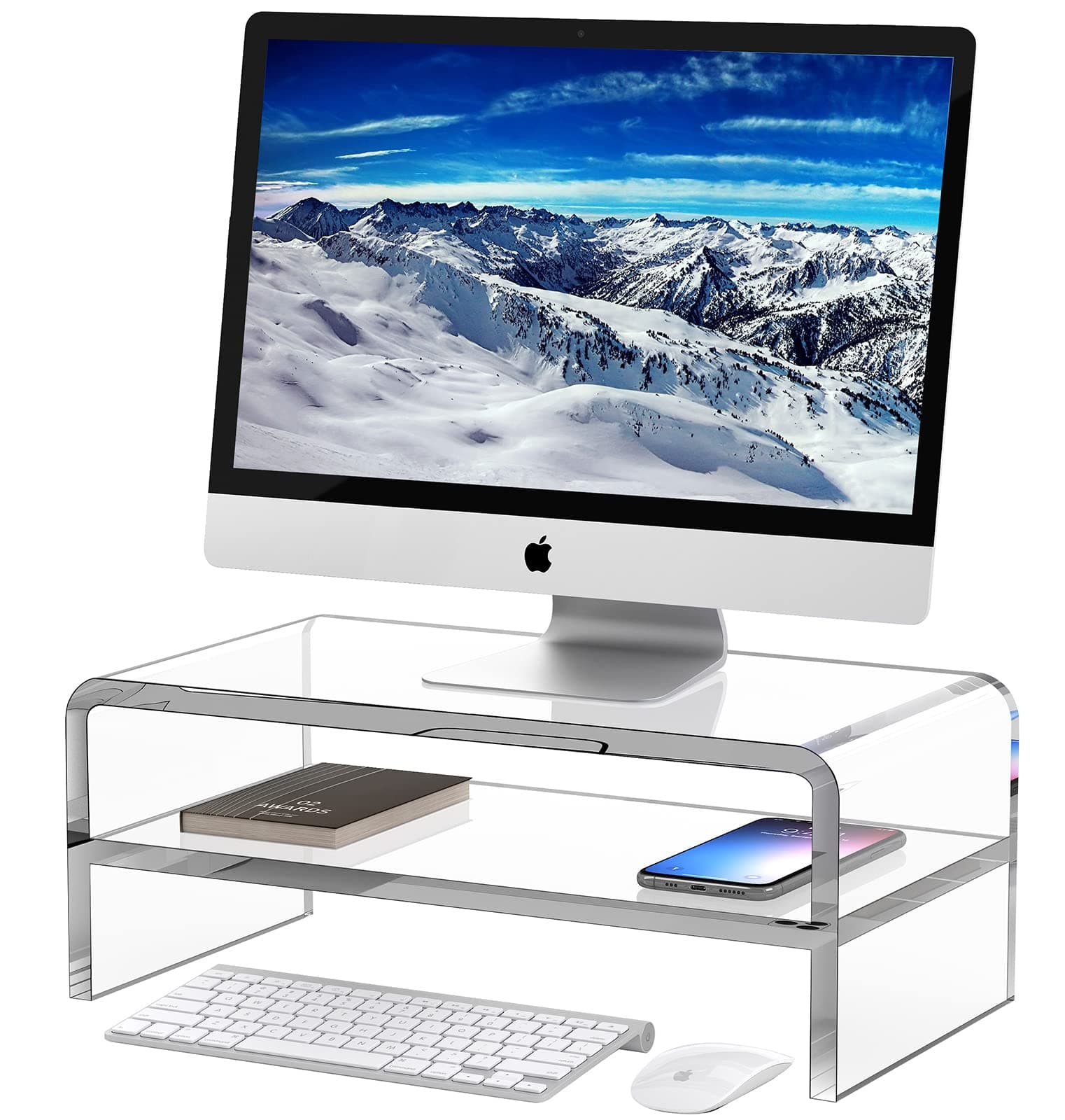 Egchi Acrylic Monitor Stand, 2 Tiers Clear Monitor Riser Computer Stand for Office, Home, Office, 5.5 Inches Hight PC Desk Stand for Keyboard Storage, Premium Platform for Laptop Printer TV Screen