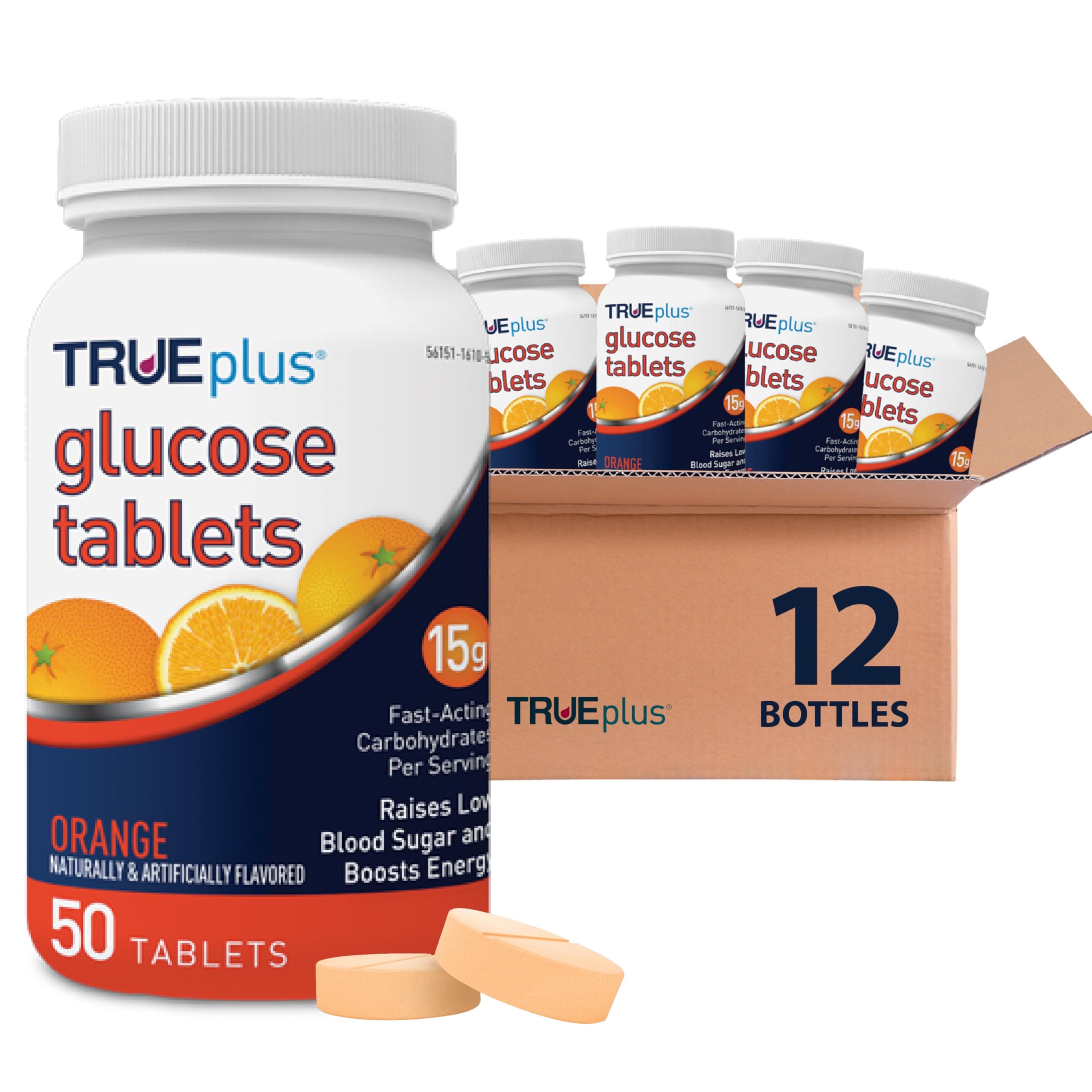 TRUEplus Glucose Tablets, Chewable, Orange Flavor, 15g Fast-Acting Carbohydrates, Fat Free, Gluten Free, Raise Low Blood Sugar and Boost Energy, 50 Count, 12 Bottles