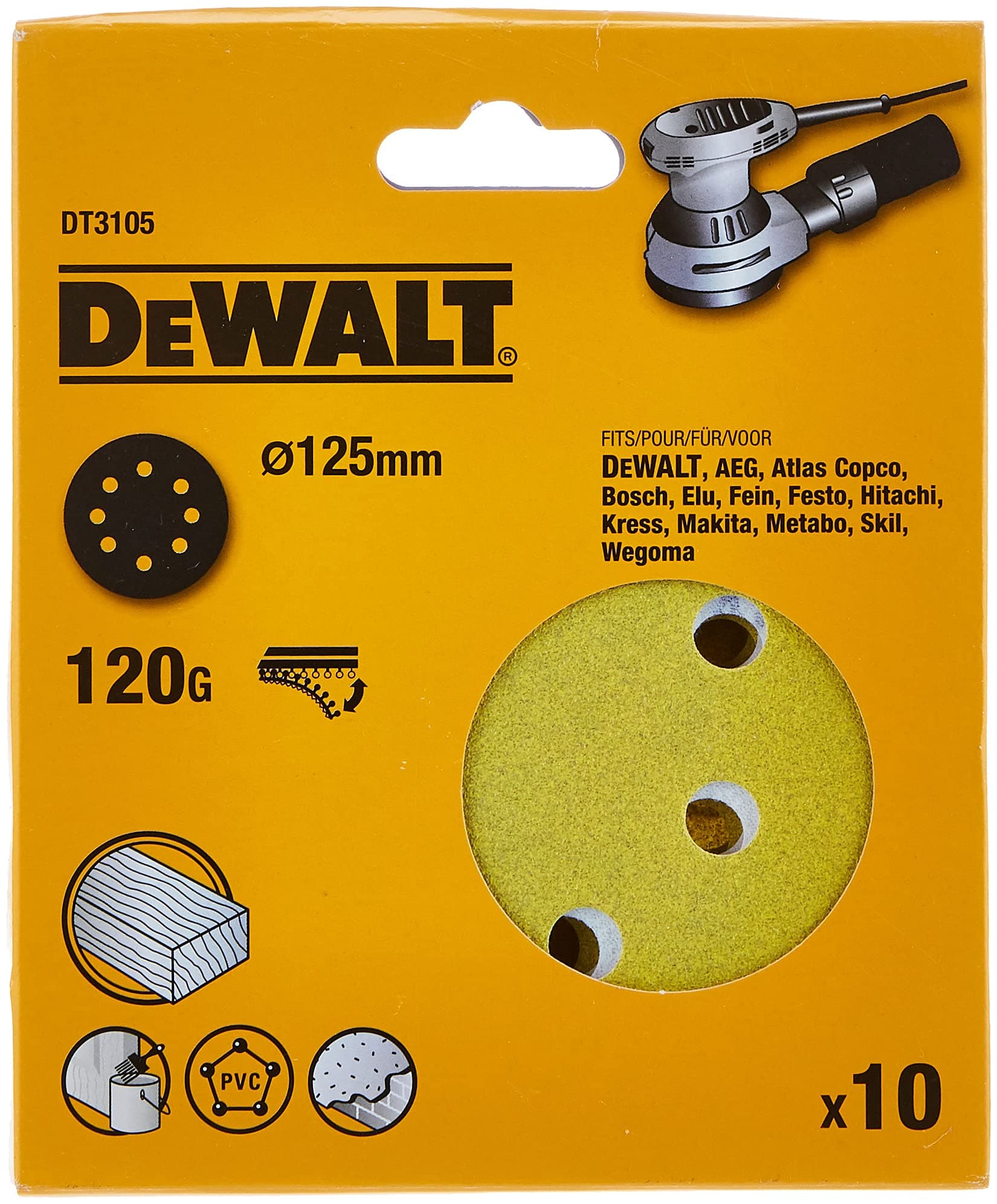 DeWalt DT3105-QZ Multi Purpose Sanding Discs, 125mm, 10 Pieces