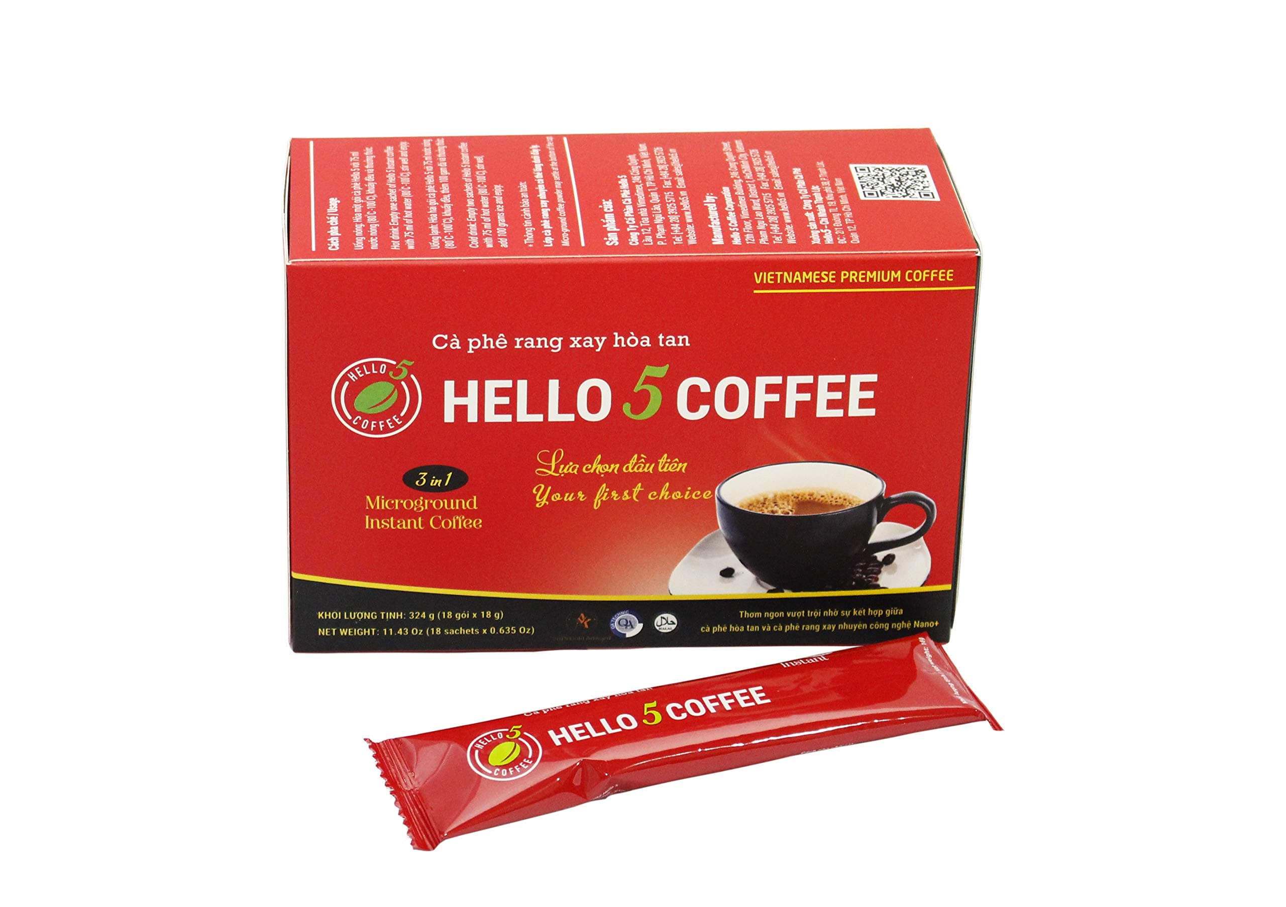 Hello 5 Coffee 3 in 1 (18 Sachets x 0.635 Oz)- Micro-ground Instant Coffee 3 in 1 - Premium Vietnamese Coffee - More taste, more creative - your first choice
